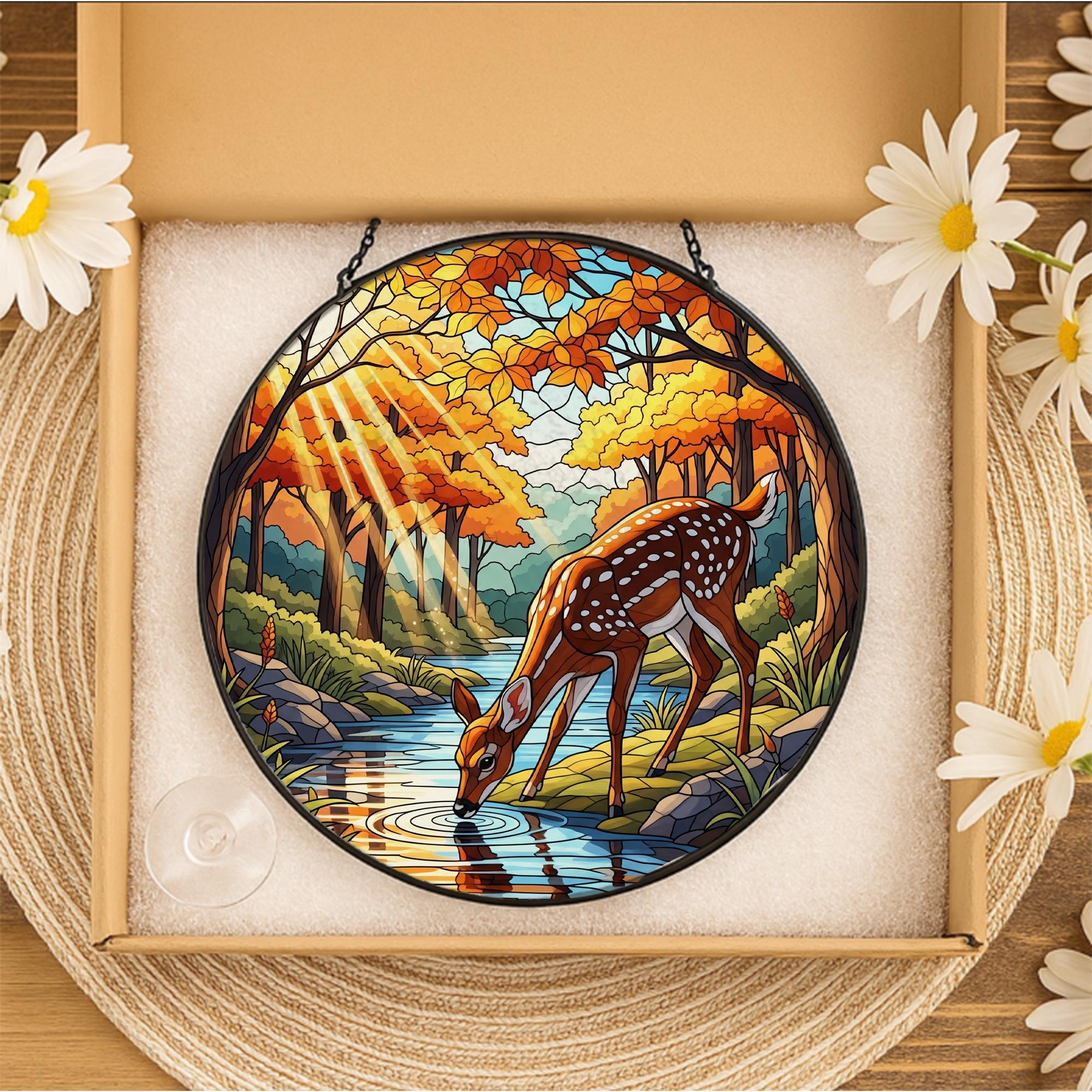 Deer Stained Glass Suncatcher | Faux Glass Woodland Decor | Autumn Forest Window Hanging | Nature Lover Gift | Rustic Fall Home Accent