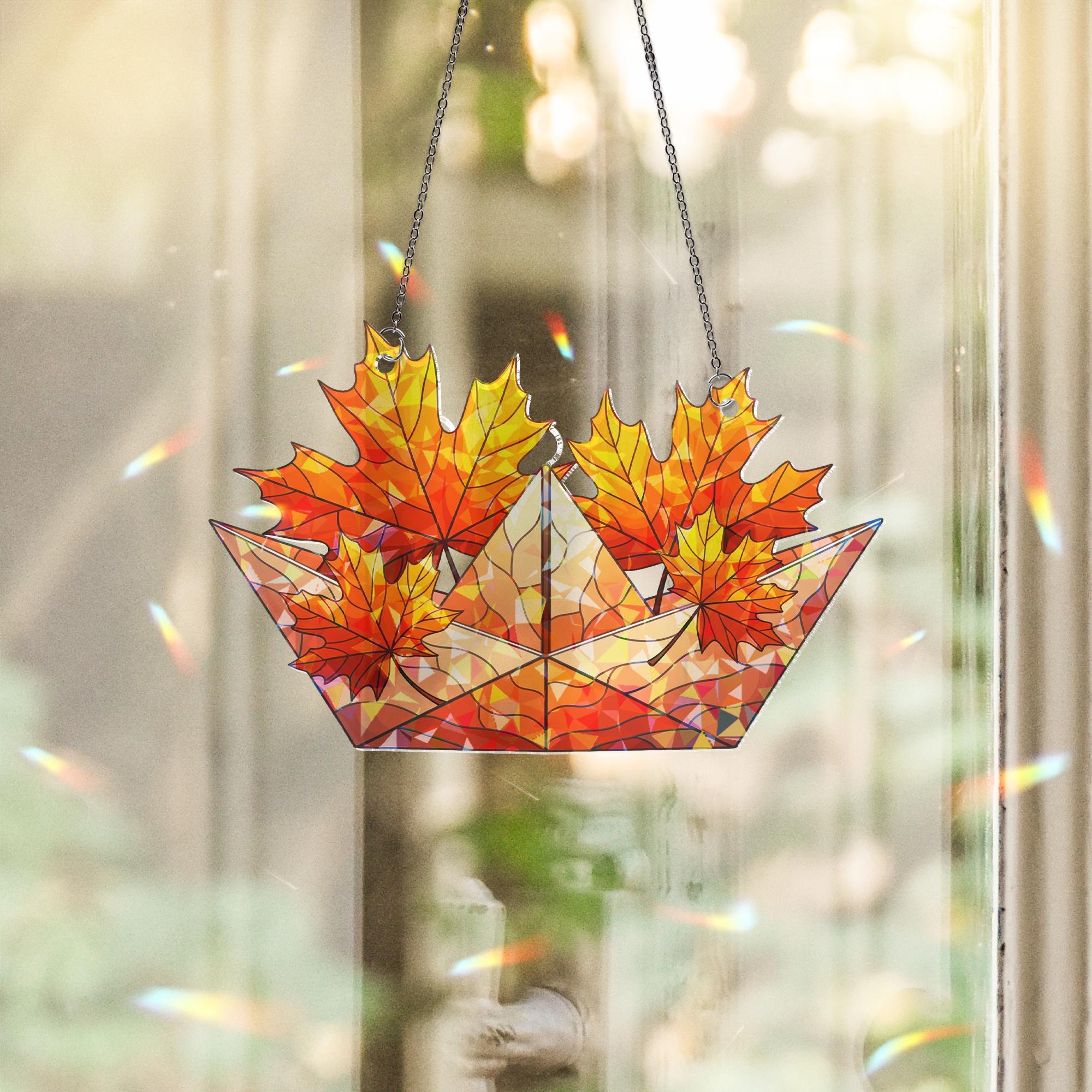 Holographic Maple Leaf Window Hanging | Faux Stained Glass Fall Decor | Sun Catcher Ornament | Autumn Prism Light Catcher Gift