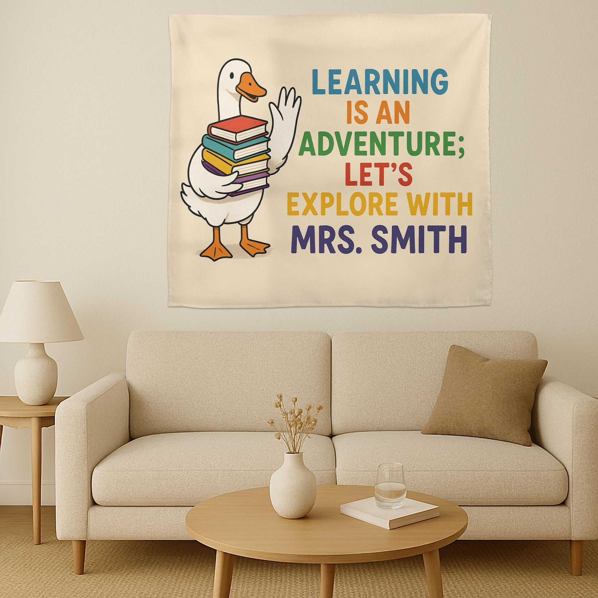 Custom Teacher Name Tapestry | Learning Is an Adventure Classroom Wall Art | Duck with Books Banner | Back to School Teacher Decor