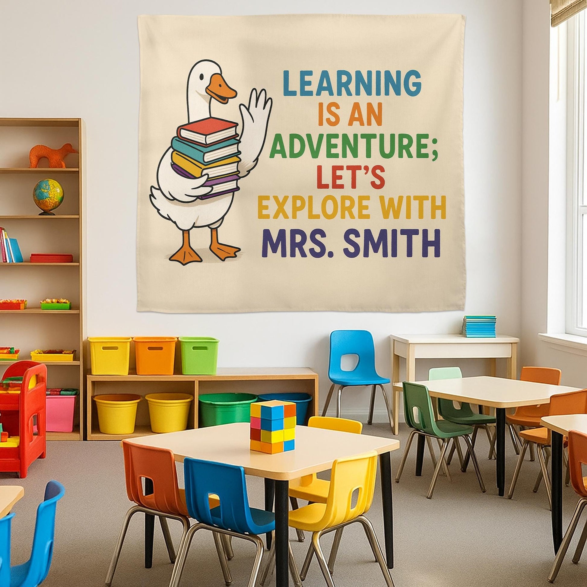 Custom Teacher Name Tapestry | Learning Is an Adventure Classroom Wall Art | Duck with Books Banner | Back to School Teacher Decor