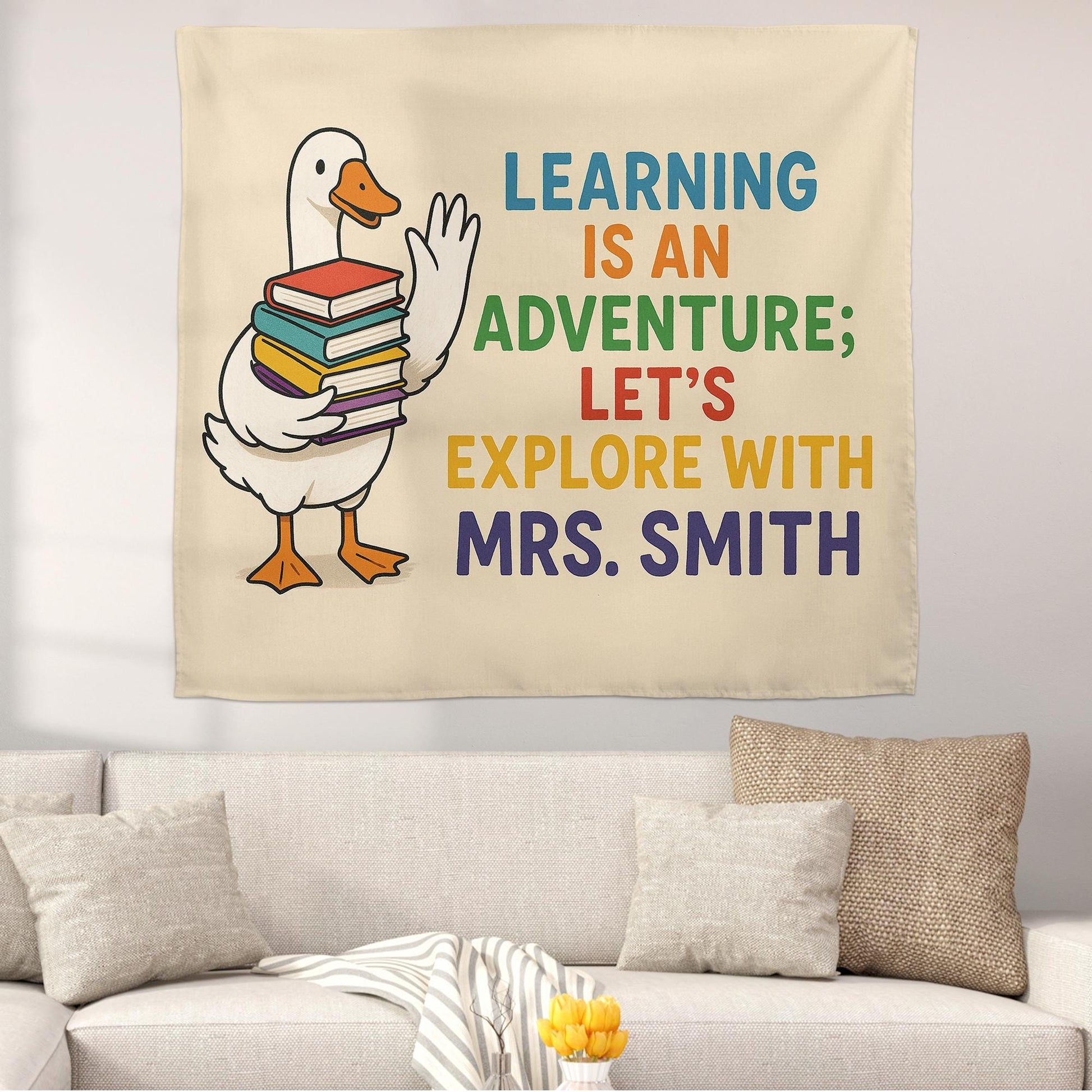 Custom Teacher Name Tapestry | Learning Is an Adventure Classroom Wall Art | Duck with Books Banner | Back to School Teacher Decor