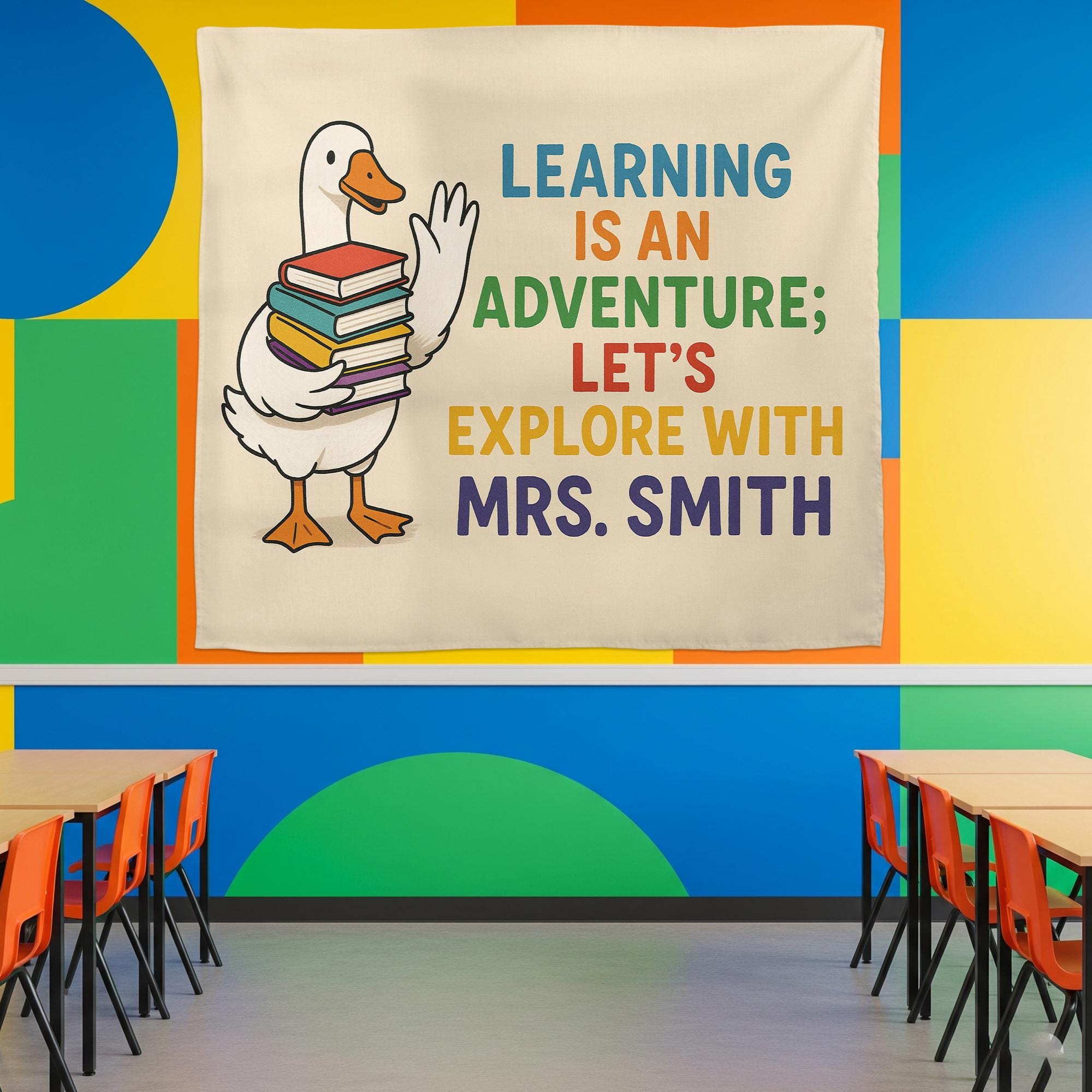 Custom Teacher Name Tapestry | Learning Is an Adventure Classroom Wall Art | Duck with Books Banner | Back to School Teacher Decor