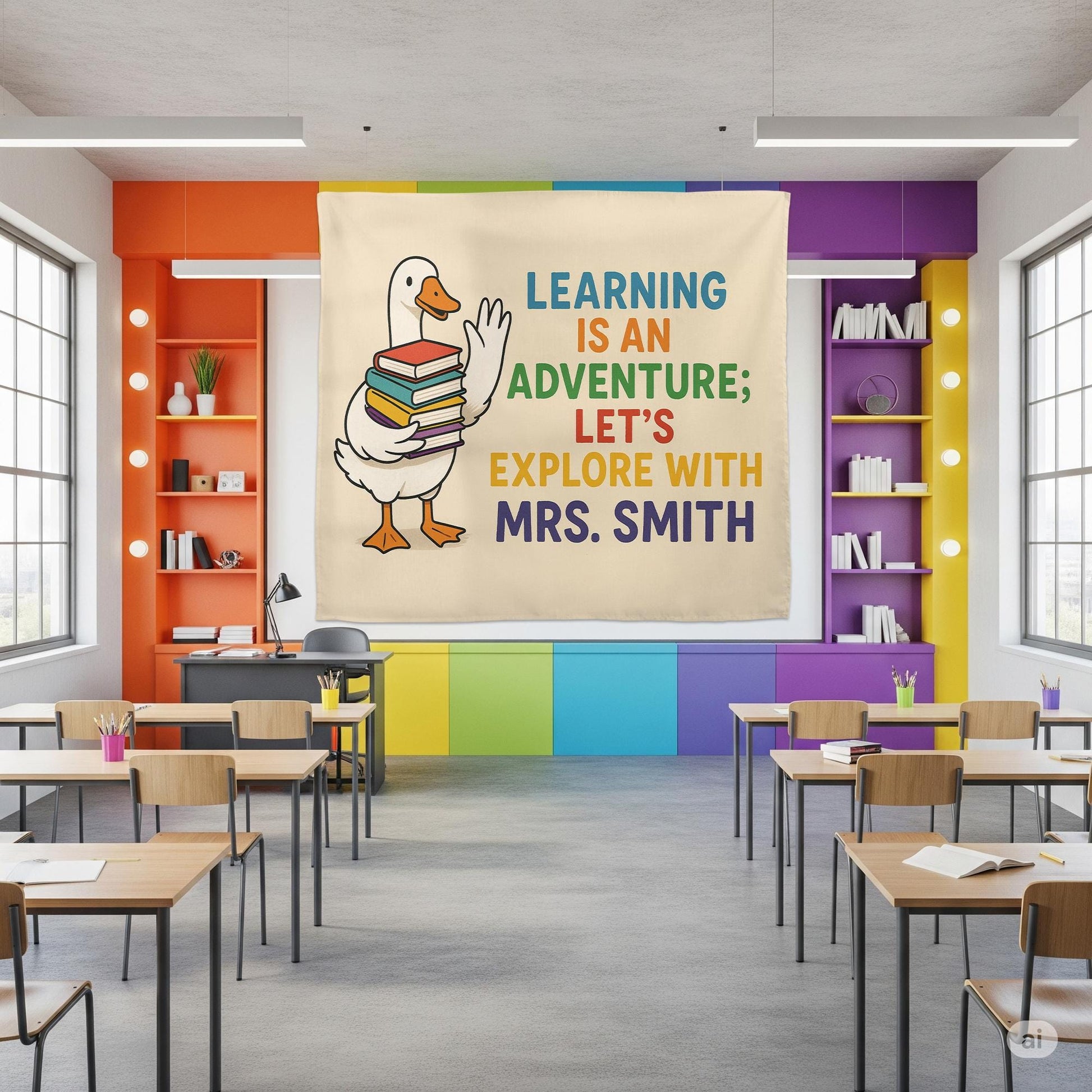 Custom Teacher Name Tapestry | Learning Is an Adventure Classroom Wall Art | Duck with Books Banner | Back to School Teacher Decor