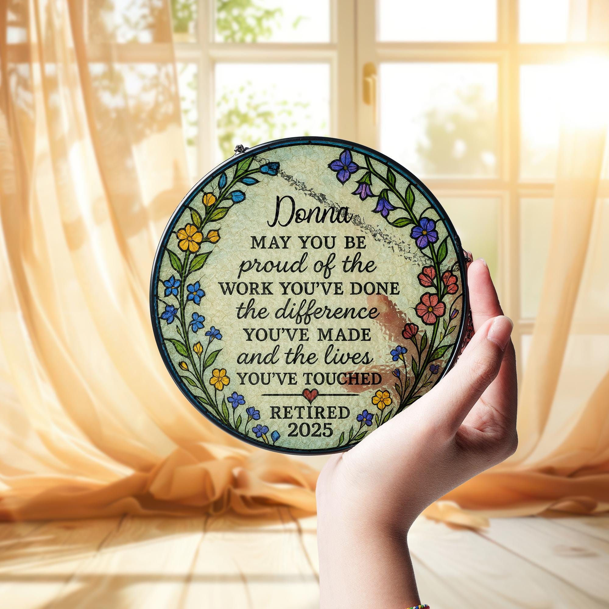 Custom Retirement Suncatcher | Personalized Glass Gift for Retired Women | Floral Window Decor Keepsake | Teacher Nurse Coworker Gift