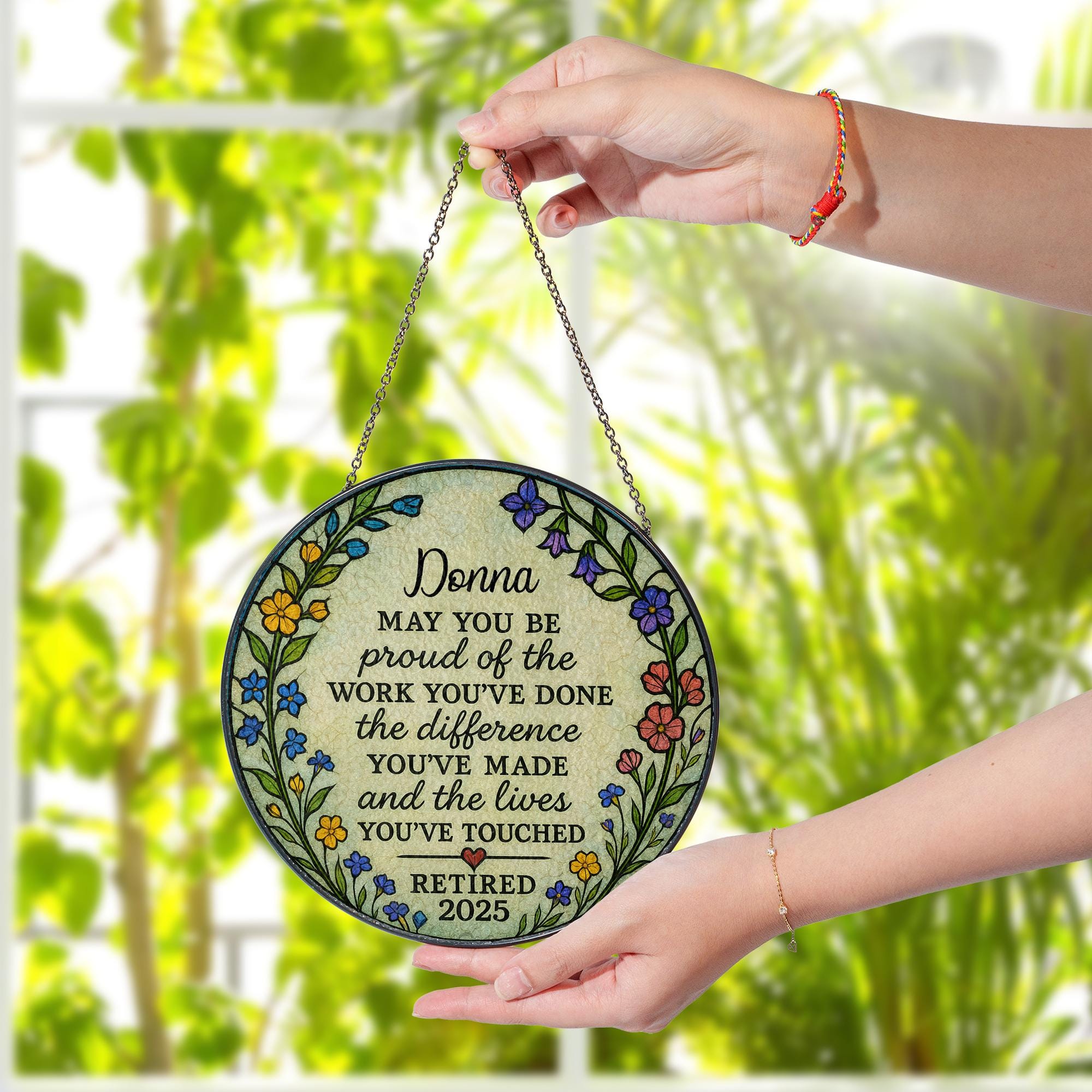 Custom Retirement Suncatcher | Personalized Glass Gift for Retired Women | Floral Window Decor Keepsake | Teacher Nurse Coworker Gift