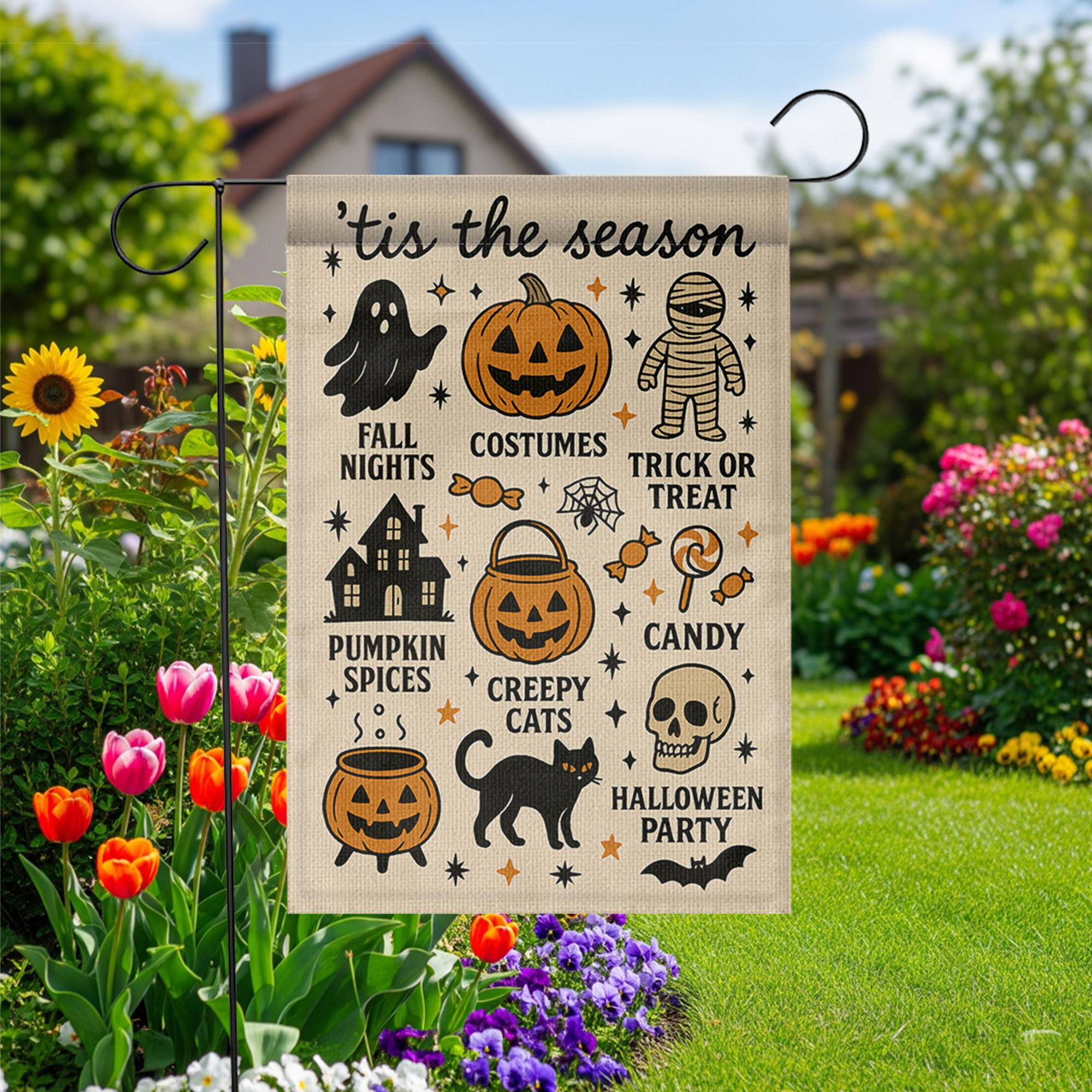Halloween Garden Flag | 'Tis the Season Fall Yard Decor | Cute Spooky Outdoor Sign | Pumpkin Spice, Candy, Trick or Treat Lawn Banner