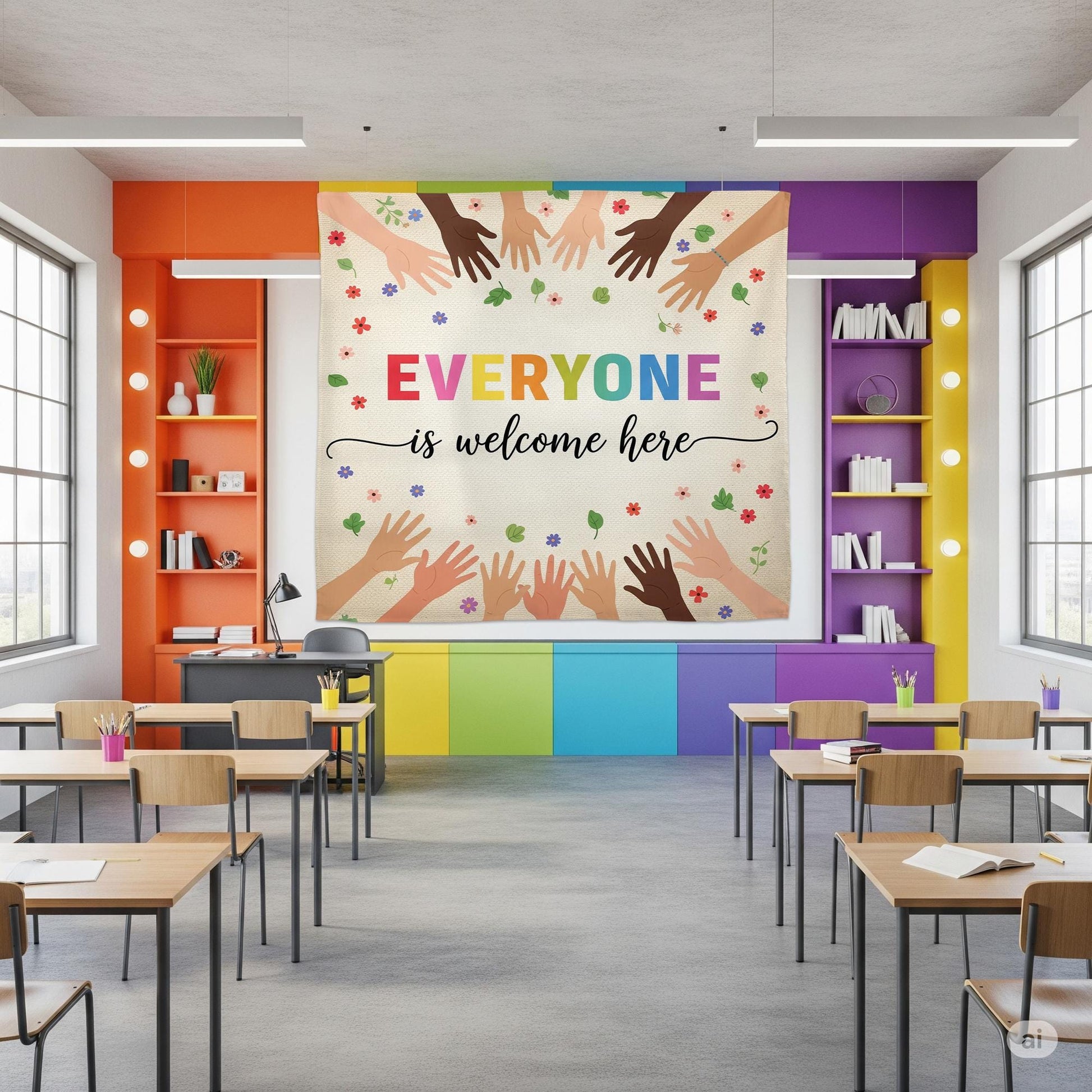 Everyone Is Welcome Here Classroom Tapestry – Diversity Wall Decor, Inclusive Teacher Poster, Multicultural Hands Back to School Banner