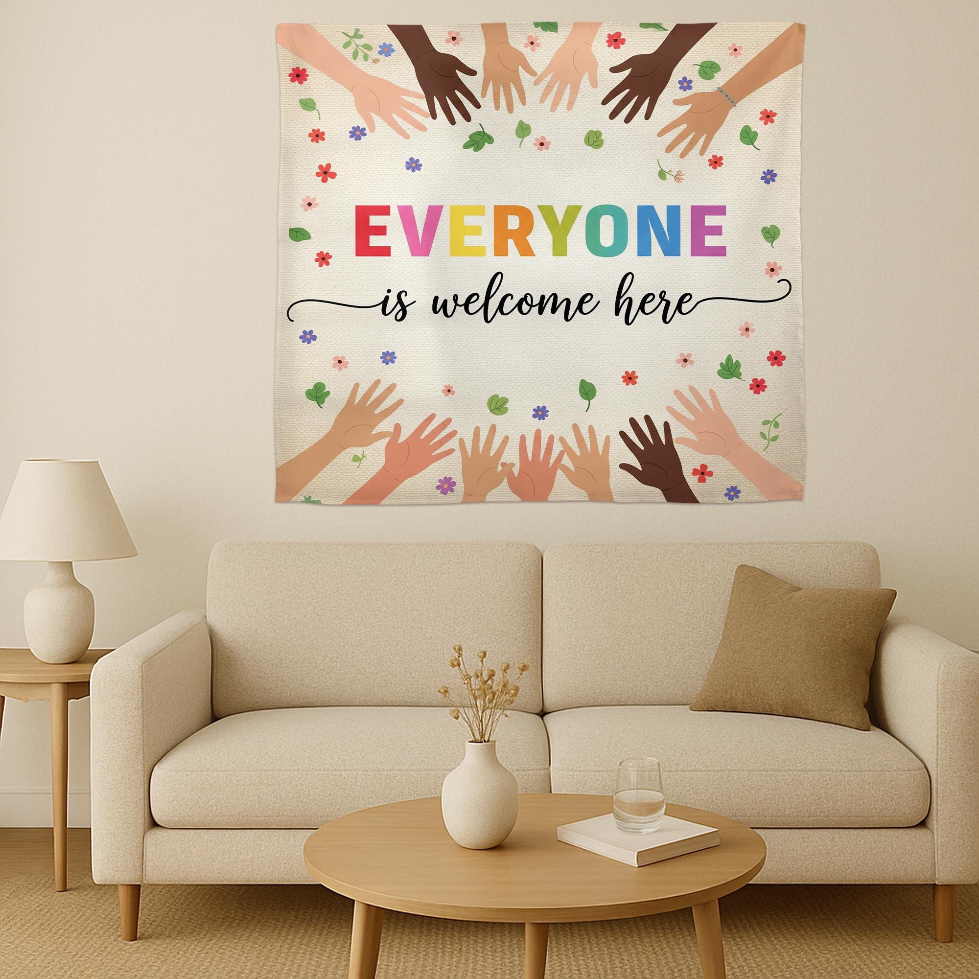 Everyone Is Welcome Here Classroom Tapestry – Diversity Wall Decor, Inclusive Teacher Poster, Multicultural Hands Back to School Banner