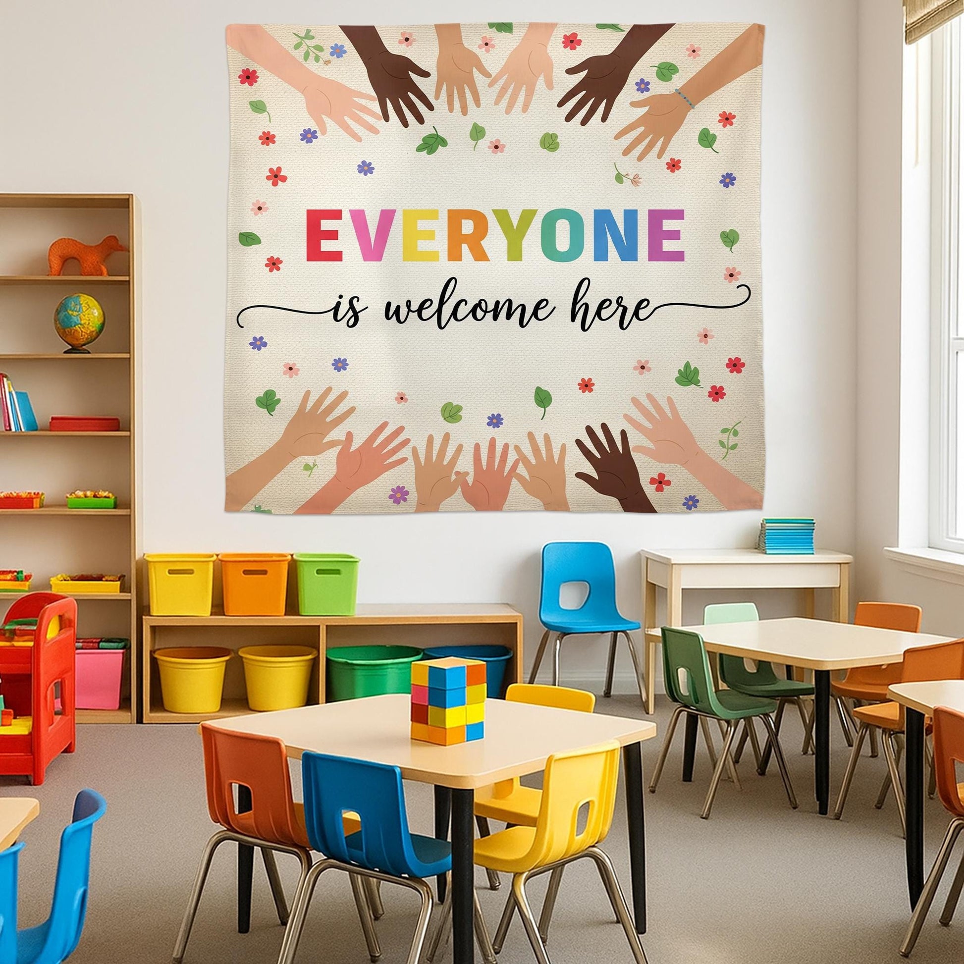 Everyone Is Welcome Here Classroom Tapestry – Diversity Wall Decor, Inclusive Teacher Poster, Multicultural Hands Back to School Banner