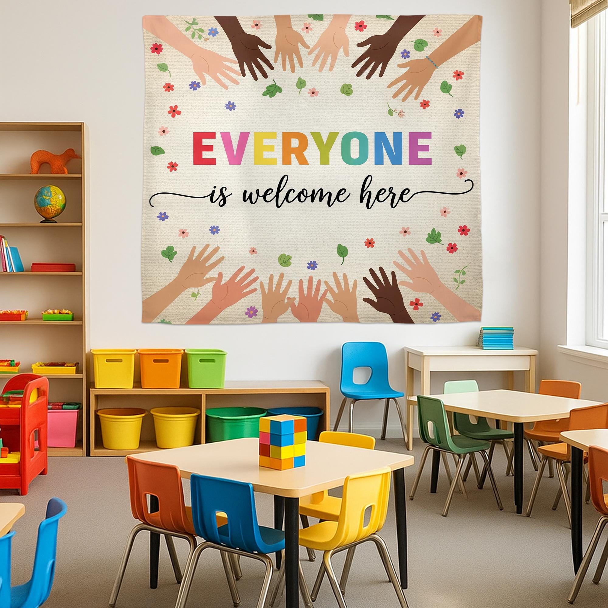 Everyone Is Welcome Here Classroom Tapestry – Diversity Wall Decor, Inclusive Teacher Poster, Multicultural Hands Back to School Banner