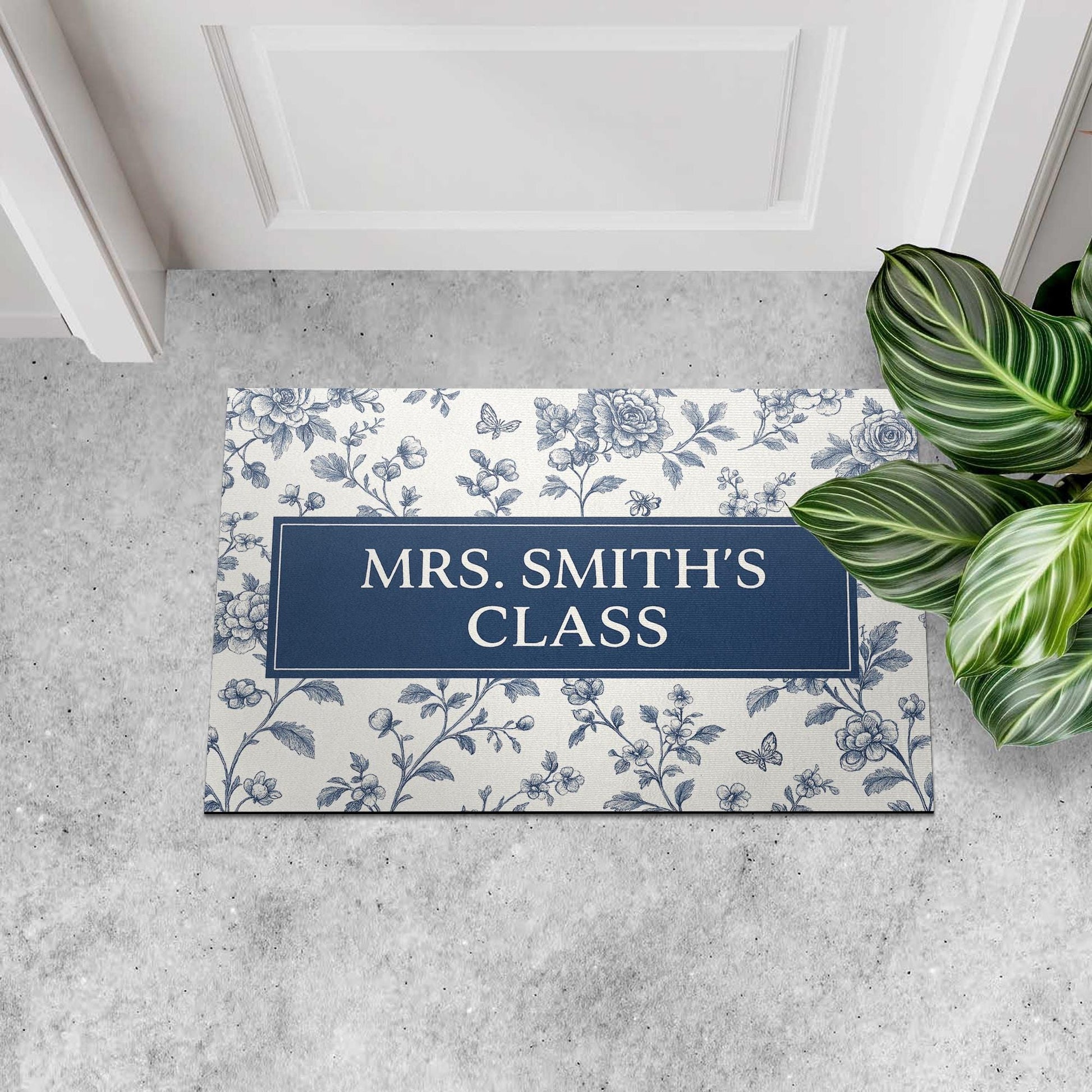 Personalized Teacher Doormat – Class Rug, Blue Floral Classroom Welcome Mat, Custom School Entry Decor for Teachers, Chinoiserie Flower Mat