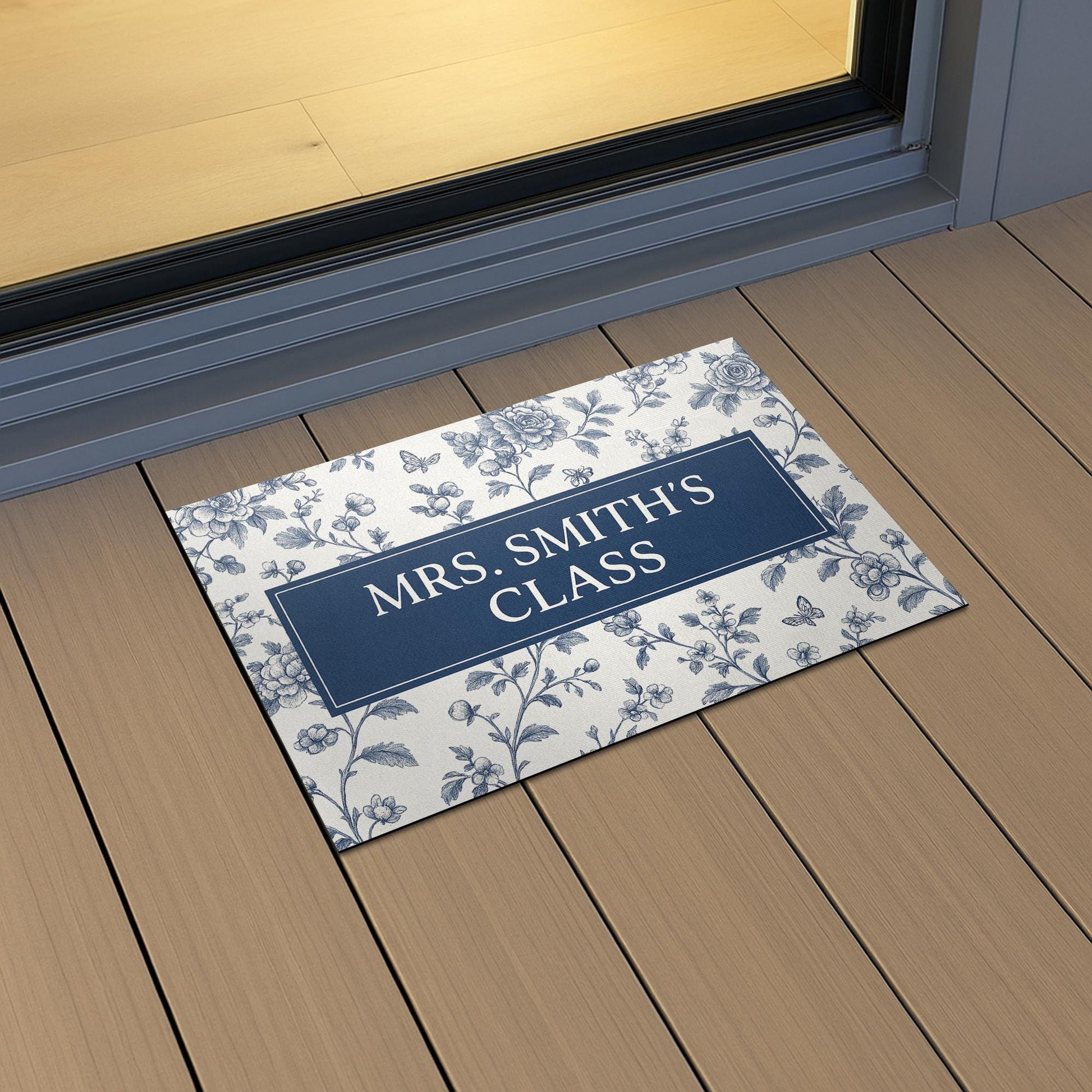 Personalized Teacher Doormat – Class Rug, Blue Floral Classroom Welcome Mat, Custom School Entry Decor for Teachers, Chinoiserie Flower Mat