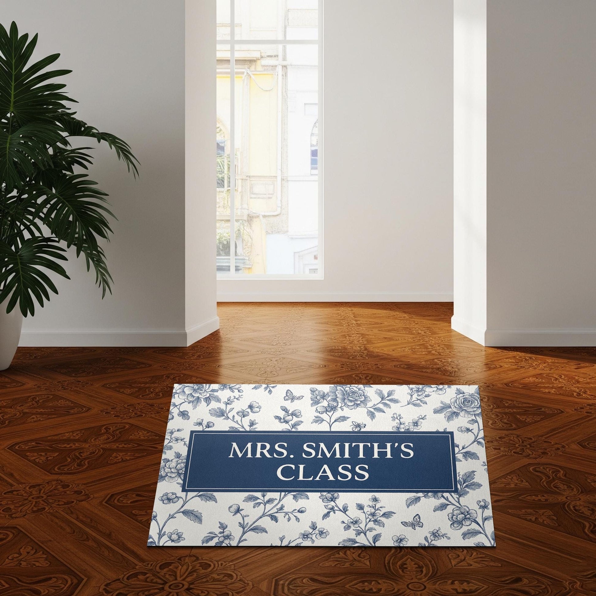 Personalized Teacher Doormat – Class Rug, Blue Floral Classroom Welcome Mat, Custom School Entry Decor for Teachers, Chinoiserie Flower Mat
