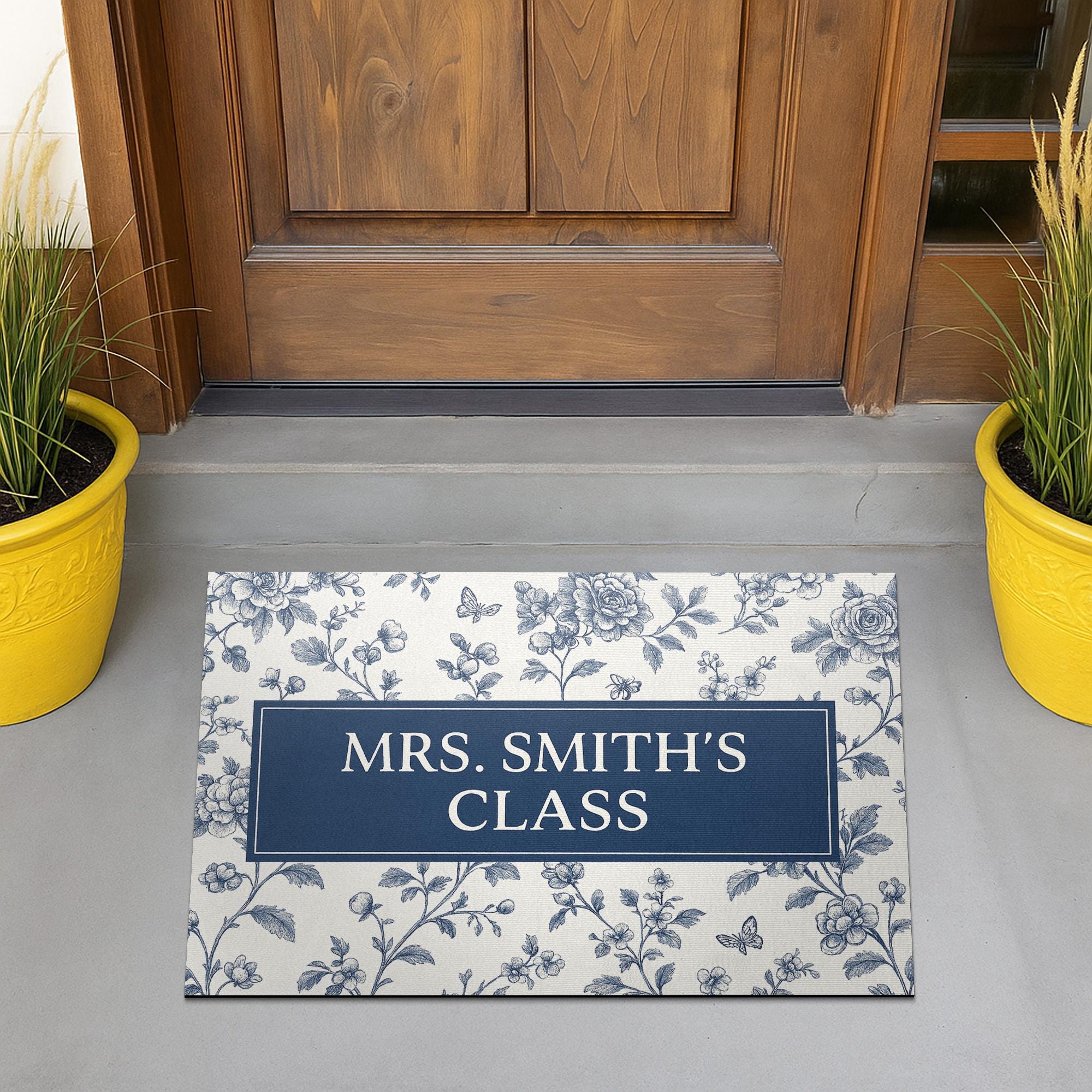 Personalized Teacher Doormat – Class Rug, Blue Floral Classroom Welcome Mat, Custom School Entry Decor for Teachers, Chinoiserie Flower Mat