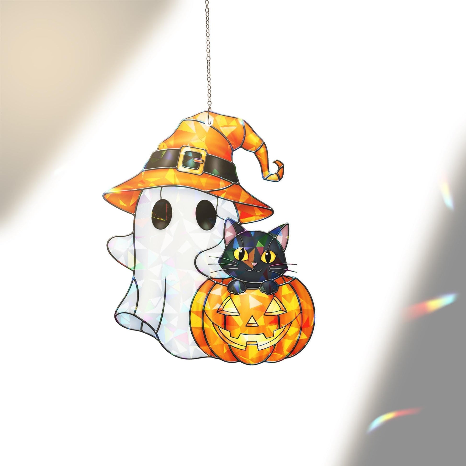 Halloween Ghost Cat Hologram Ornament – Halloween Black Cat Window Hanging, Cute Pumpkin Witch Decor, Fall Wall Art for Autumn Home