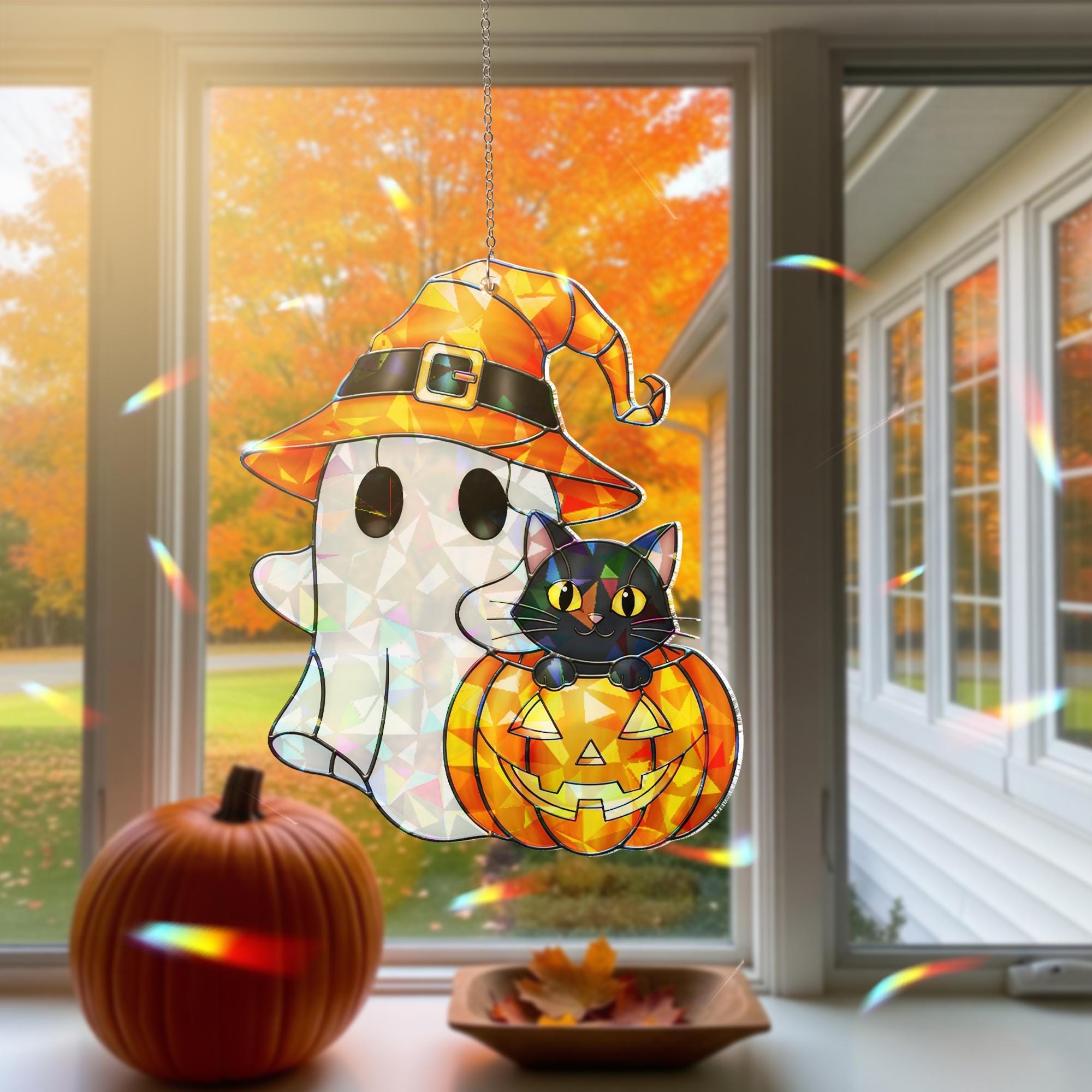 Halloween Ghost Cat Hologram Ornament – Halloween Black Cat Window Hanging, Cute Pumpkin Witch Decor, Fall Wall Art for Autumn Home