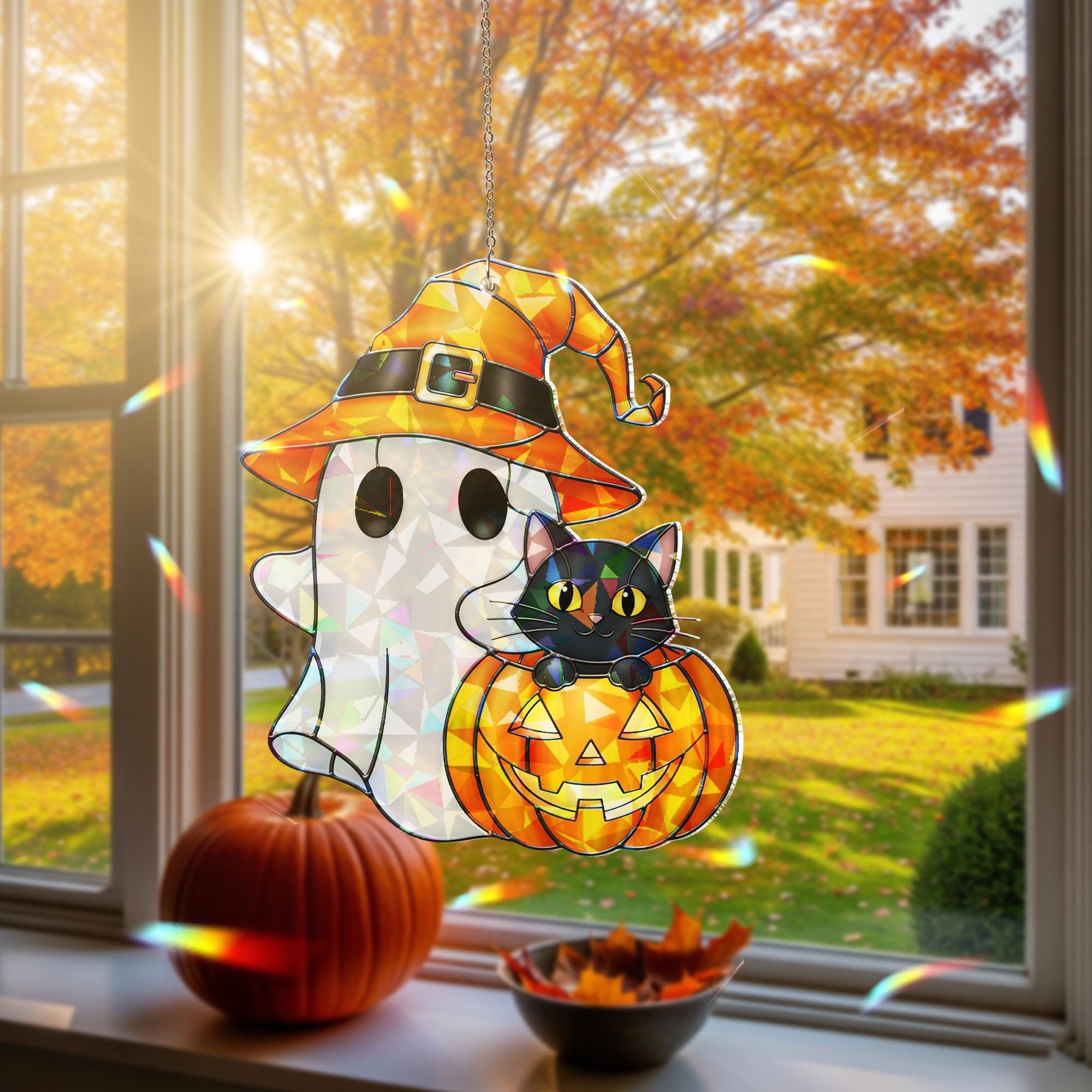 Halloween Ghost Cat Hologram Ornament – Halloween Black Cat Window Hanging, Cute Pumpkin Witch Decor, Fall Wall Art for Autumn Home