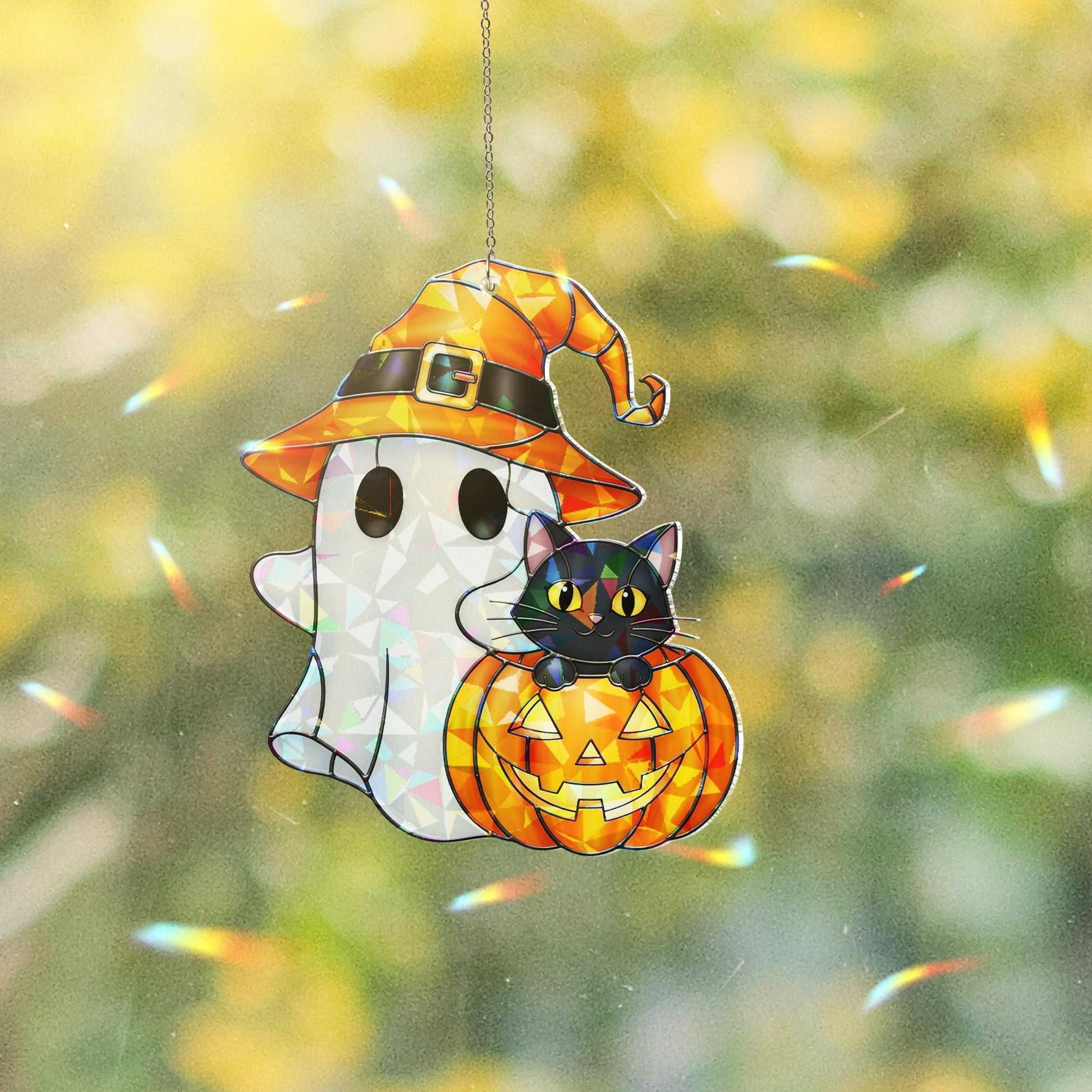 Halloween Ghost Cat Hologram Ornament – Halloween Black Cat Window Hanging, Cute Pumpkin Witch Decor, Fall Wall Art for Autumn Home