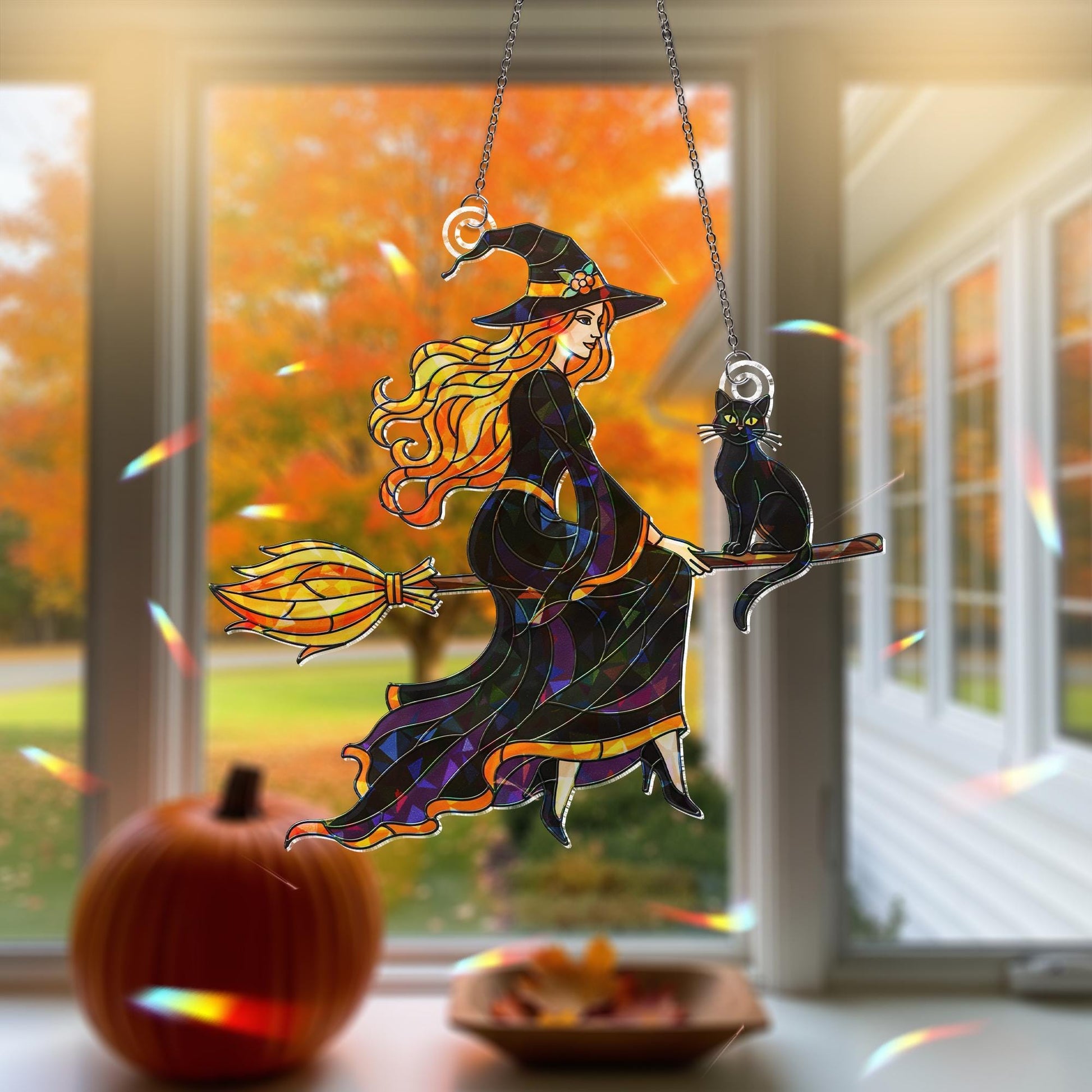 Halloween Witch Hologram Ornament – Wall Hanging with Black Cat, Fall Window Decor, Autumn Broomstick Witch Window Hanging, Black Cat decor