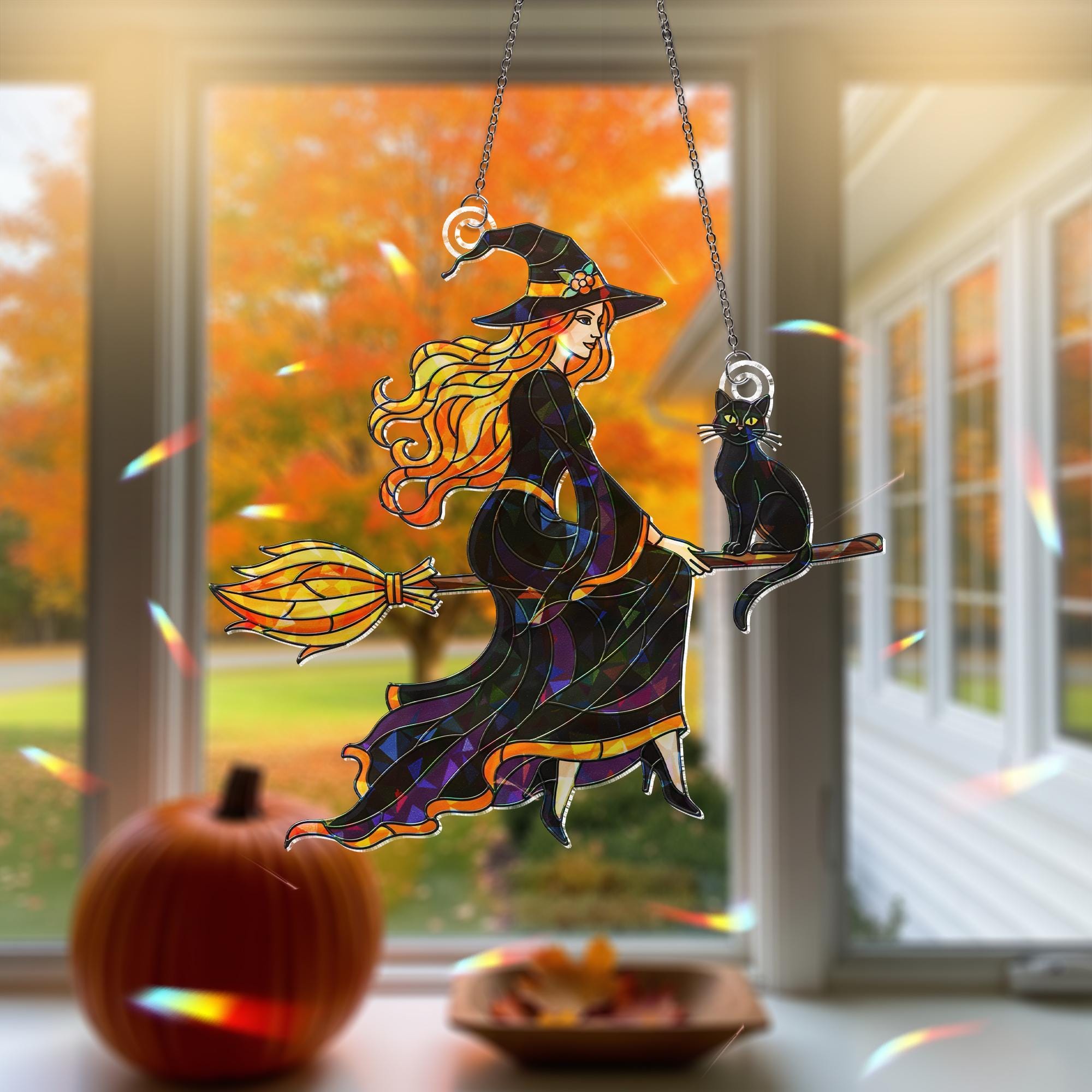 Halloween Witch Hologram Ornament – Wall Hanging with Black Cat, Fall Window Decor, Autumn Broomstick Witch Window Hanging, Black Cat decor