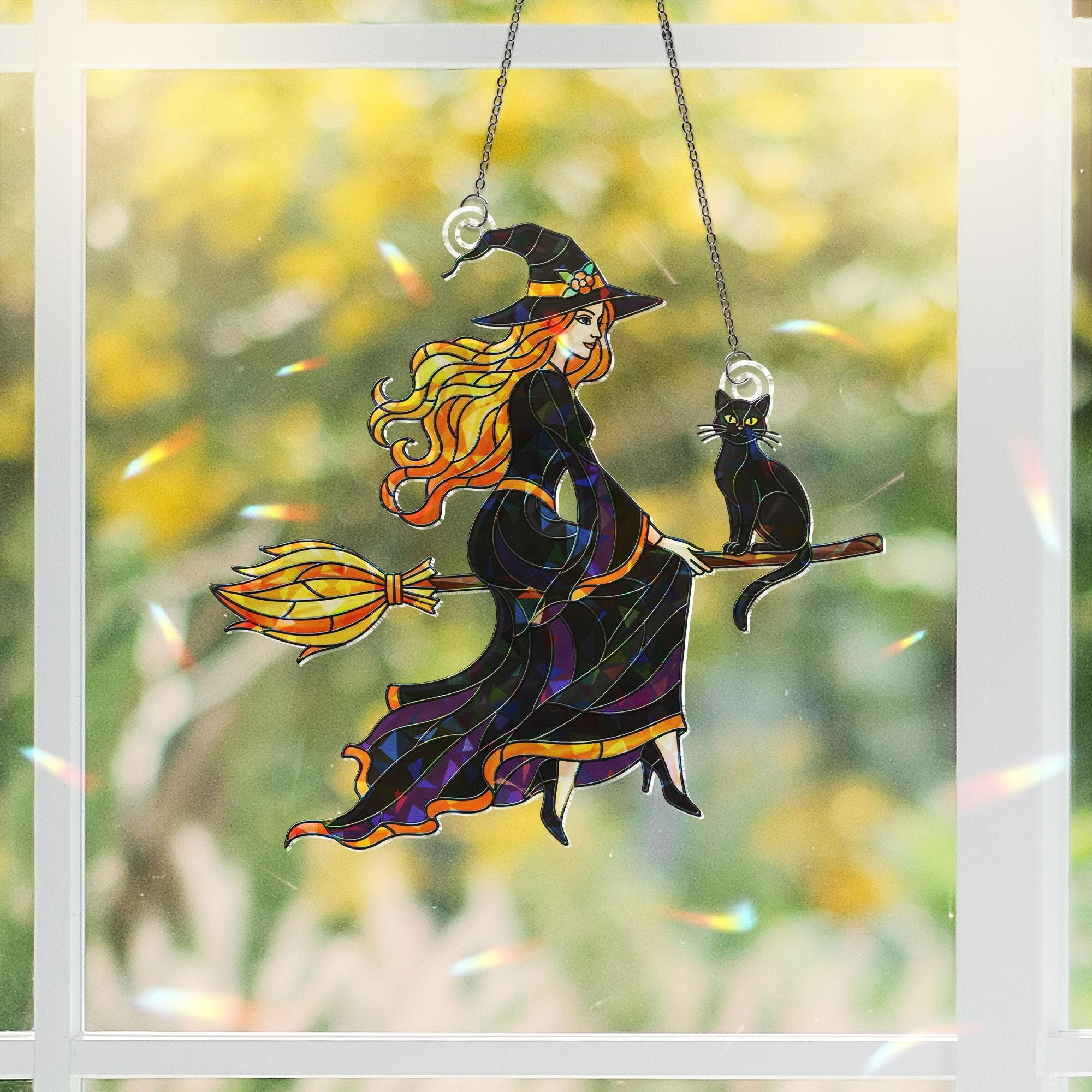 Halloween Witch Hologram Ornament – Wall Hanging with Black Cat, Fall Window Decor, Autumn Broomstick Witch Window Hanging, Black Cat decor