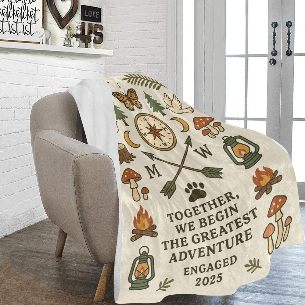 Engagement Adventure Blanket, Personalized Camping Couple Gift, Forest Boho Throw, Together We Begin Blanket, Nature Love Decor