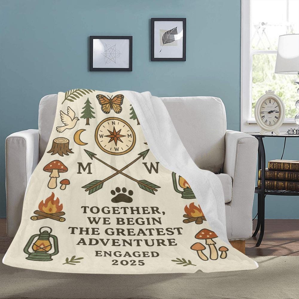 Engagement Adventure Blanket, Personalized Camping Couple Gift, Forest Boho Throw, Together We Begin Blanket, Nature Love Decor