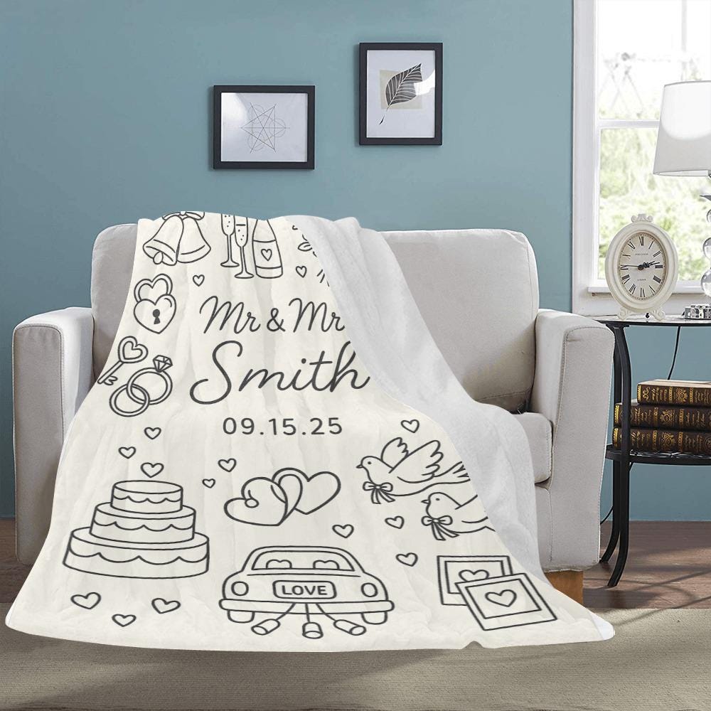 Personalized Wedding Blanket, Mr and Mrs Custom Name Throw, Marriage Date Gift, Newlywed Keepsake, Bride and Groom Blanket