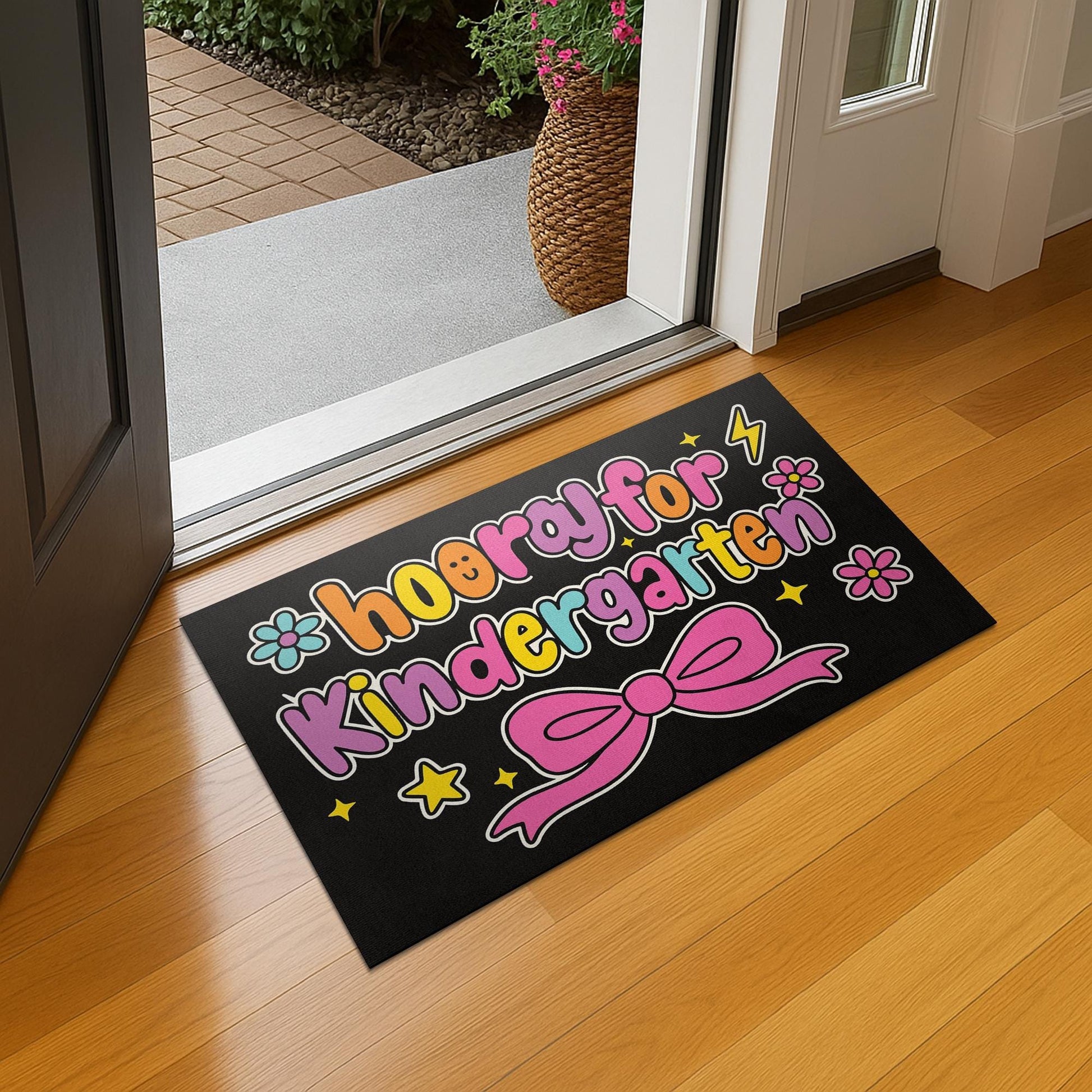 Hooray for Kindergarten Doormat – Cute Classroom Welcome Mat, Colorful Bow Design Rug, Back to School Decor for Teachers, Students, Staffs