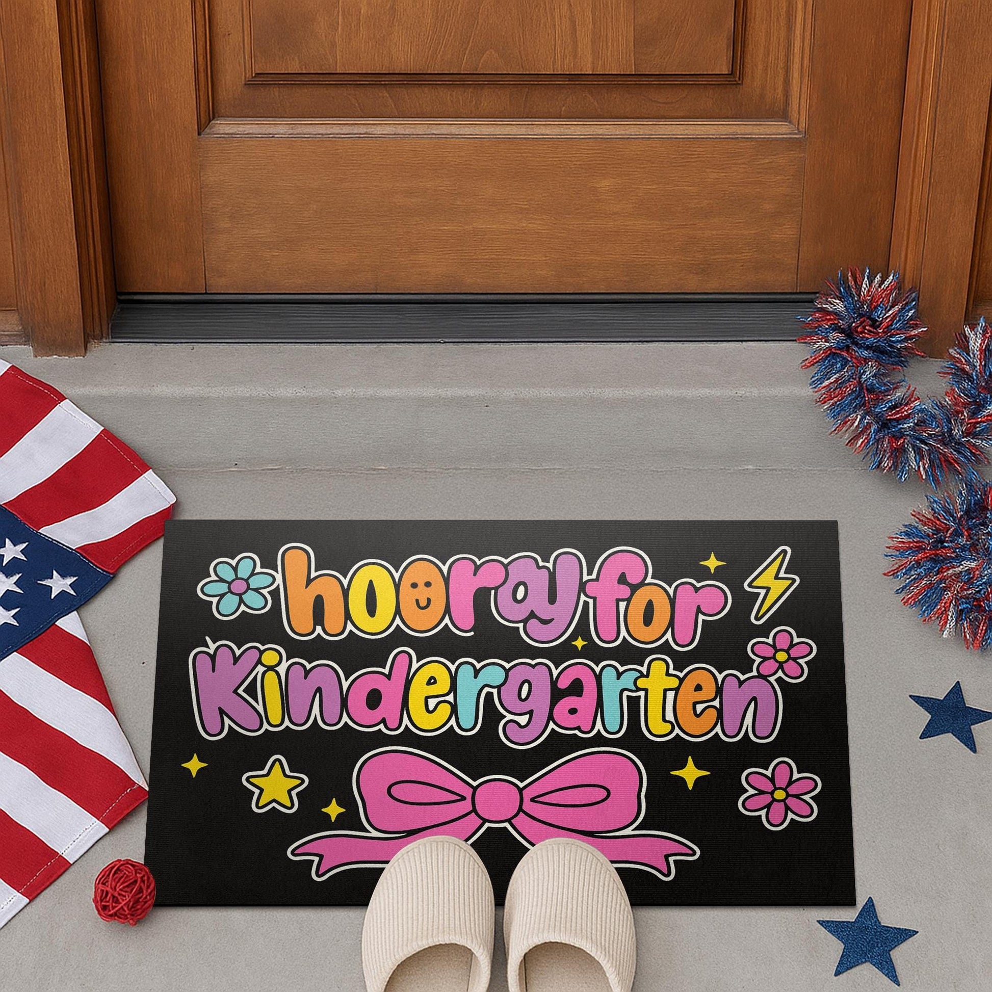 Hooray for Kindergarten Doormat – Cute Classroom Welcome Mat, Colorful Bow Design Rug, Back to School Decor for Teachers, Students, Staffs