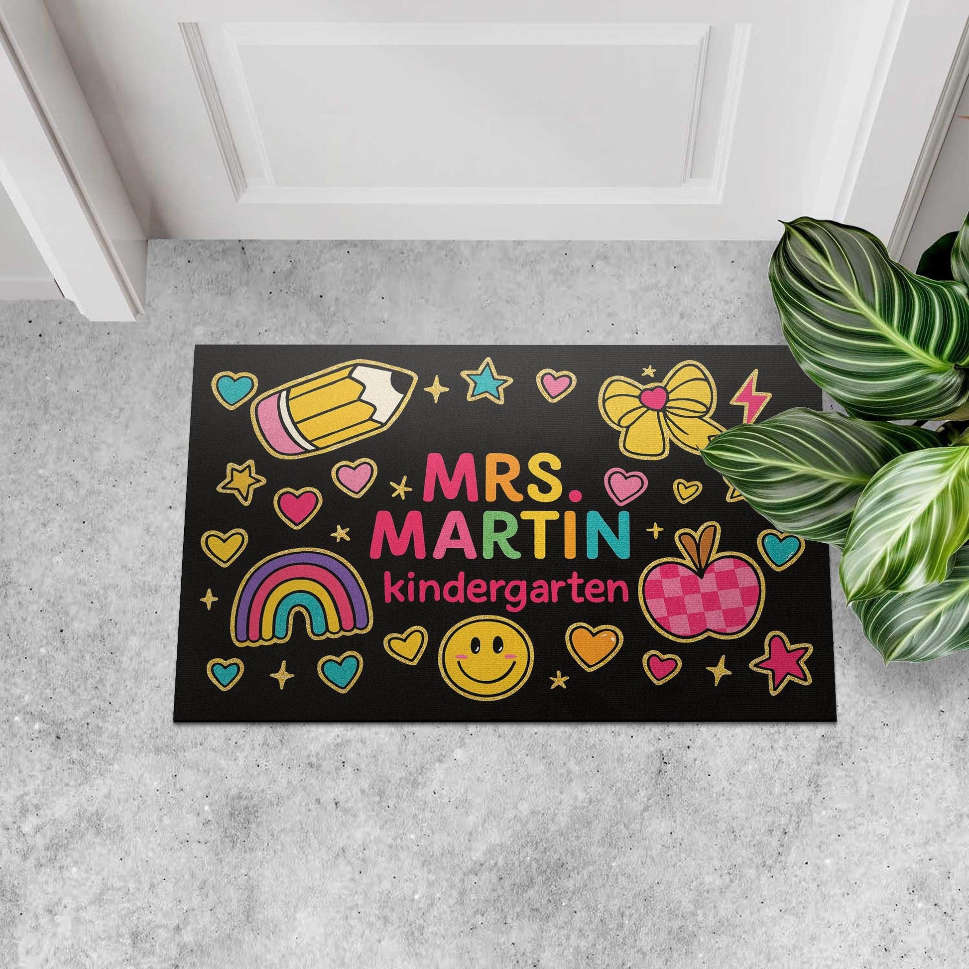 Teacher Kindergarten Doormat, Personalized Teacher Welcome Mat, Cute Rainbow Smile Design Rug, Back to School Classroom Decor, Preschool Mat