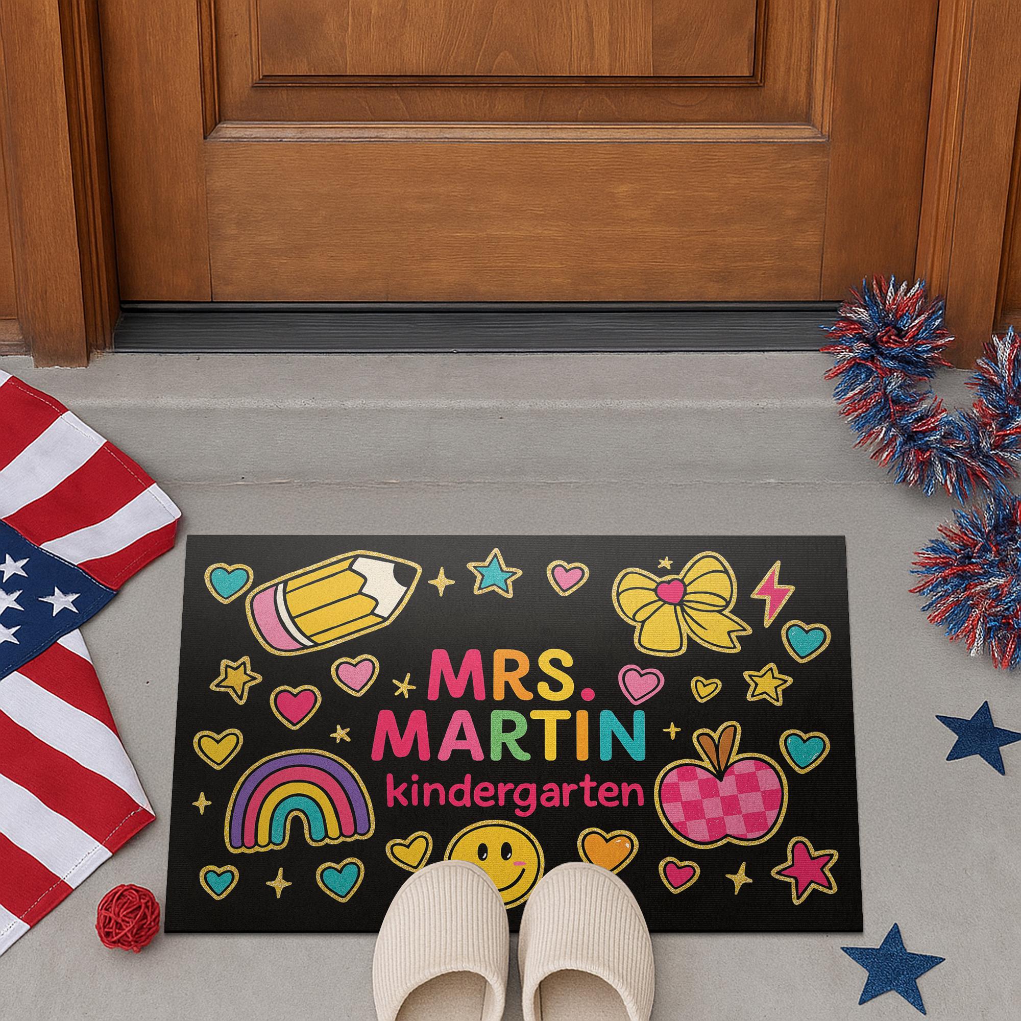 Teacher Kindergarten Doormat, Personalized Teacher Welcome Mat, Cute Rainbow Smile Design Rug, Back to School Classroom Decor, Preschool Mat