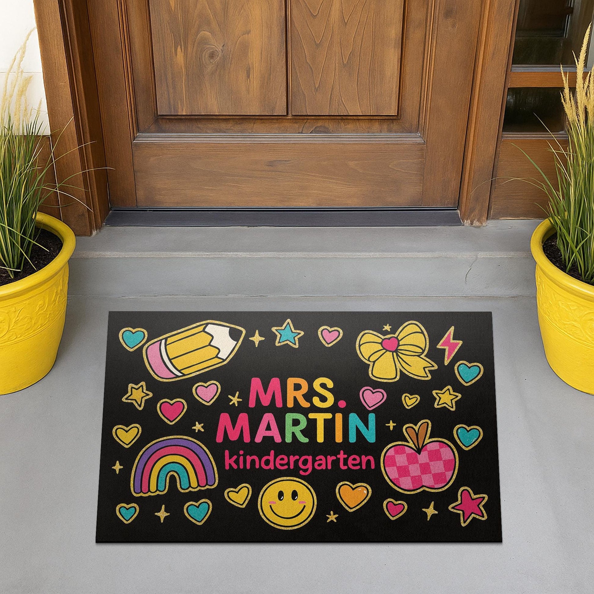 Teacher Kindergarten Doormat, Personalized Teacher Welcome Mat, Cute Rainbow Smile Design Rug, Back to School Classroom Decor, Preschool Mat