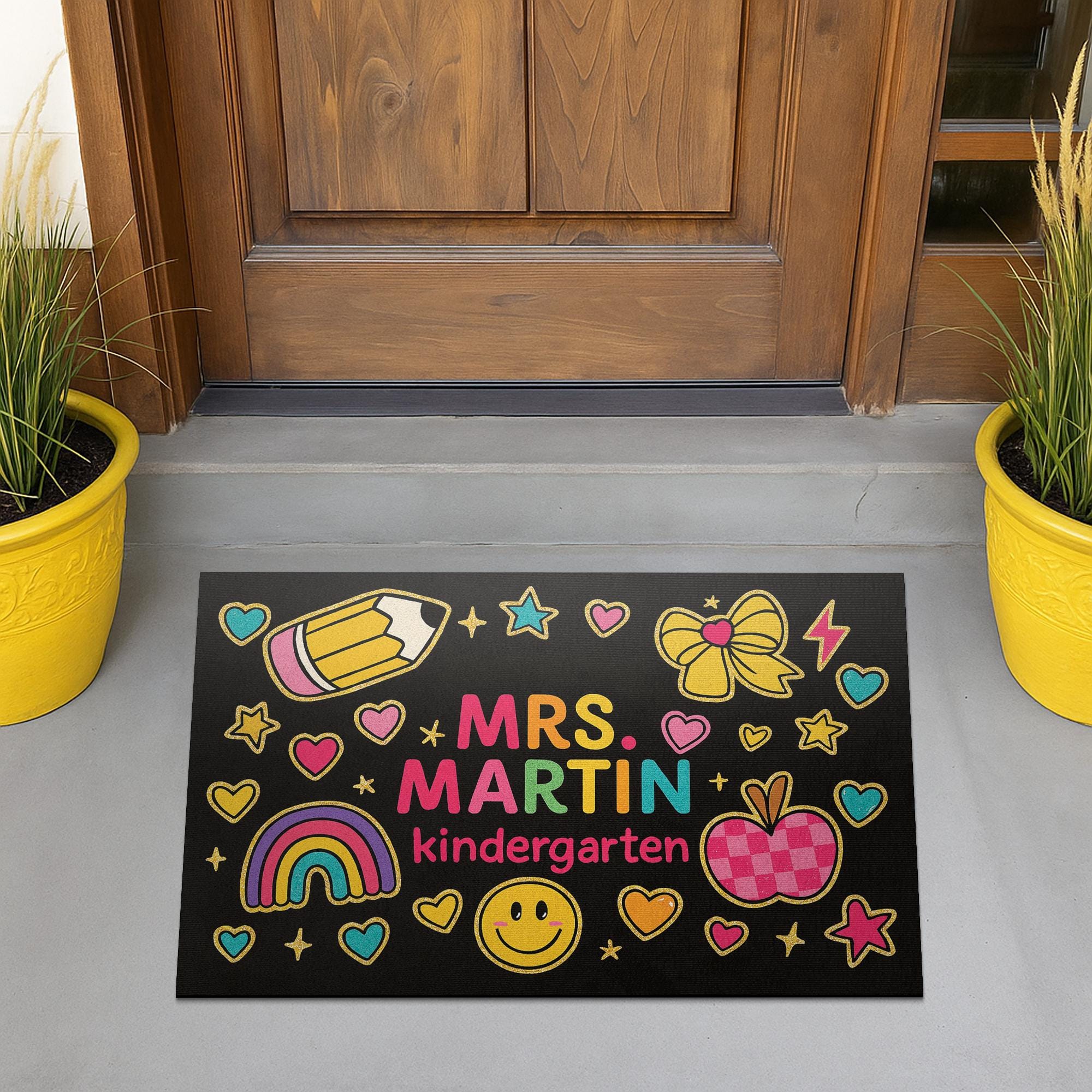Teacher Kindergarten Doormat, Personalized Teacher Welcome Mat, Cute Rainbow Smile Design Rug, Back to School Classroom Decor, Preschool Mat