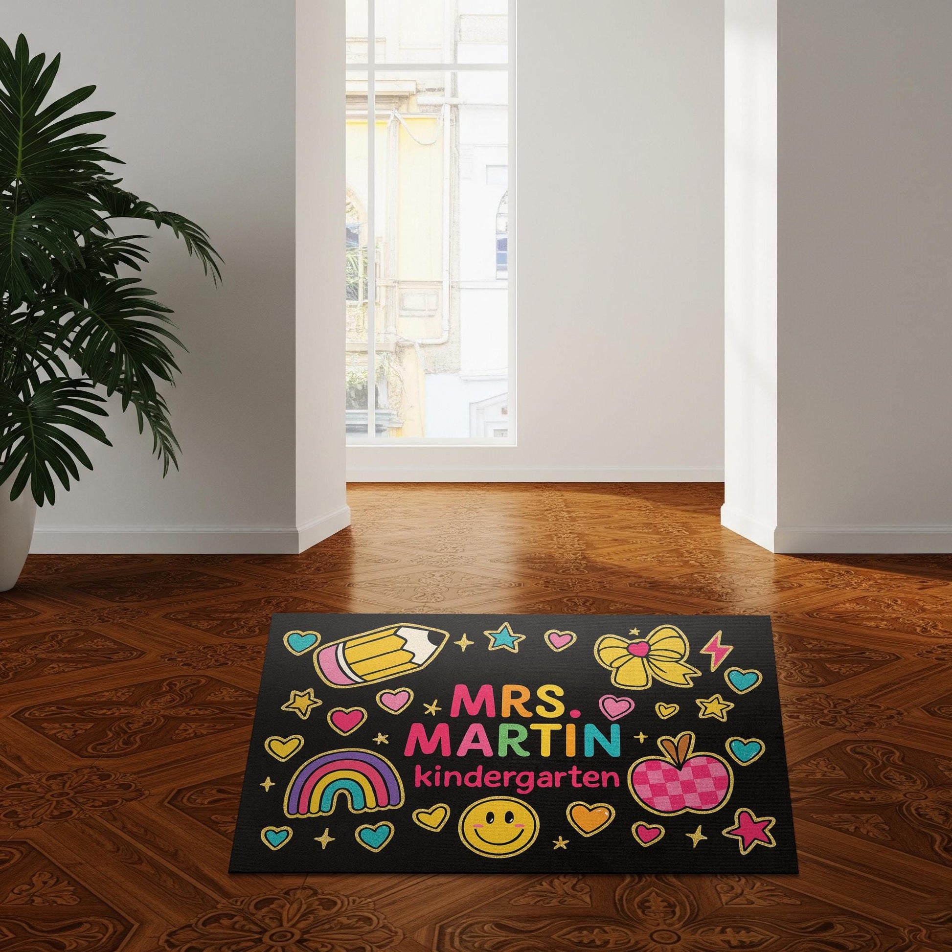 Teacher Kindergarten Doormat, Personalized Teacher Welcome Mat, Cute Rainbow Smile Design Rug, Back to School Classroom Decor, Preschool Mat