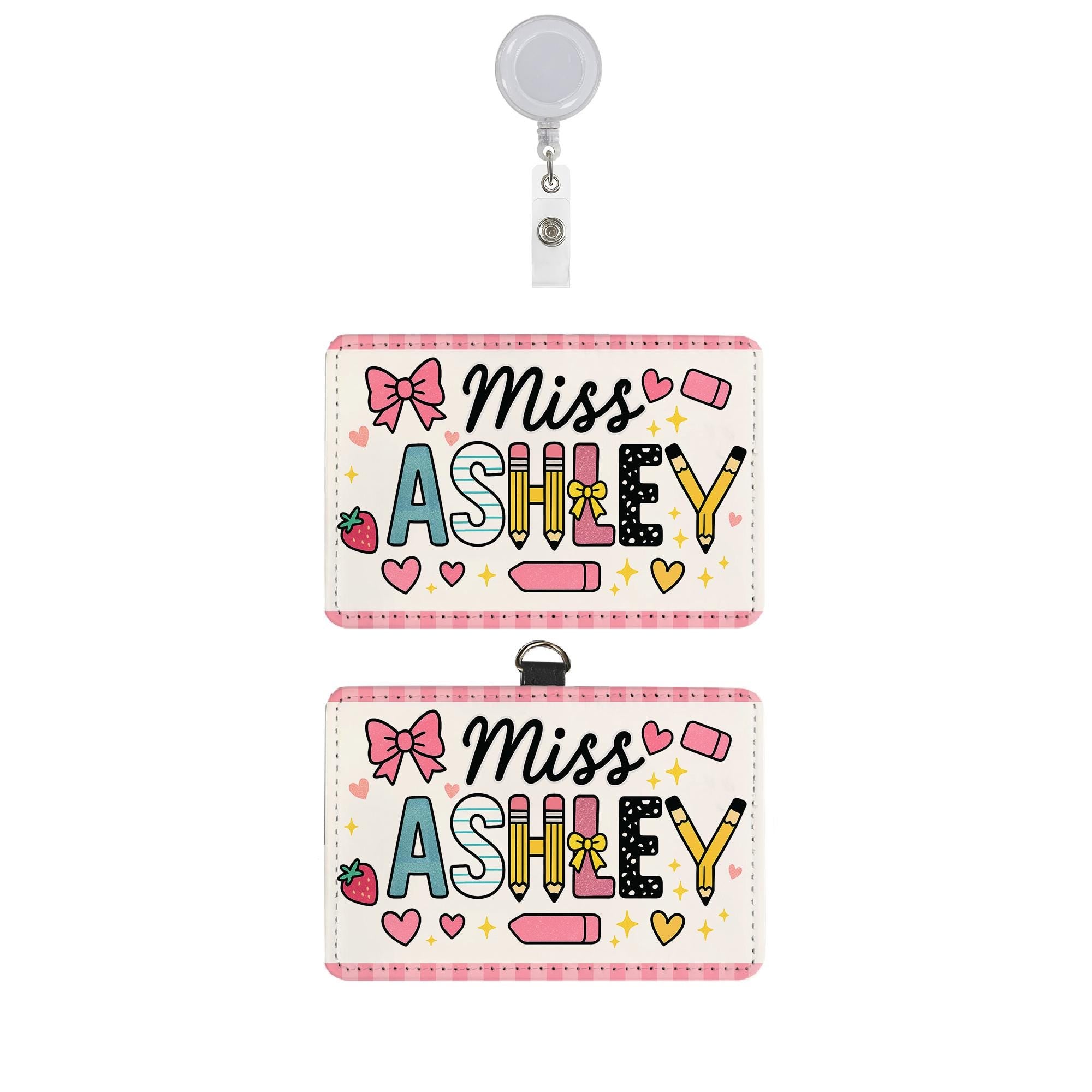 Personalized Teacher Badge Holder, Cute Name Tag for Miss Ashley, Custom ID Card with Pink Design, Back to School Teacher Gift