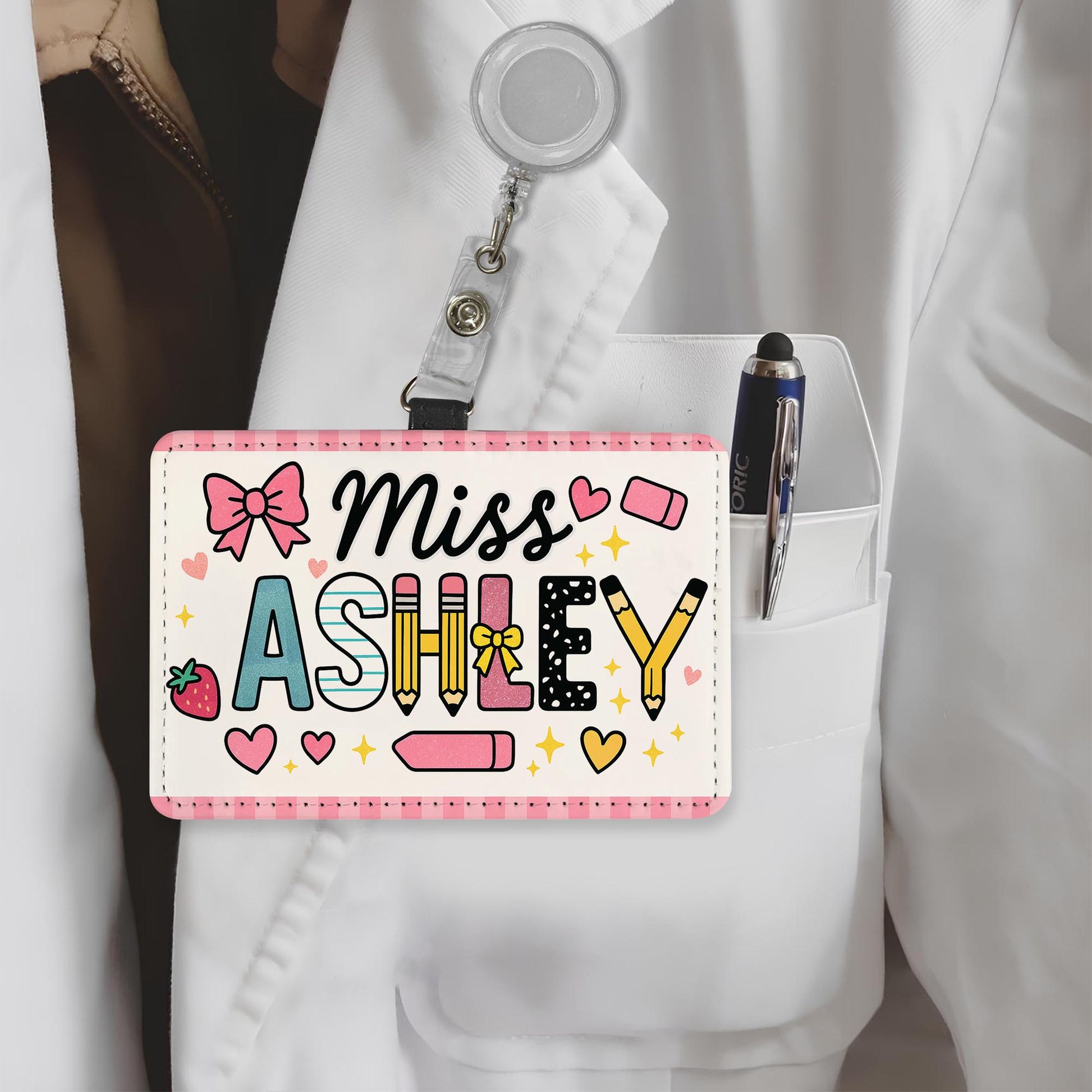 Personalized Teacher Badge Holder, Cute Name Tag for Miss Ashley, Custom ID Card with Pink Design, Back to School Teacher Gift