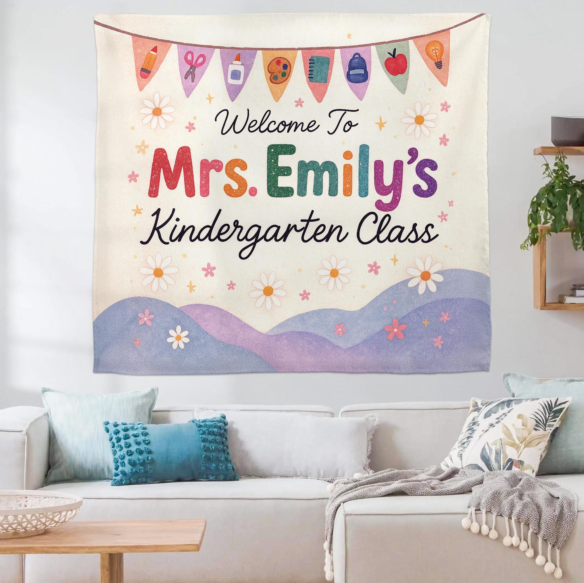 Welcome to Kindergarten Class Tapestry, Personalized Classroom Sign, Teacher Wall Decor, Back to School Banner, Decor Classroom