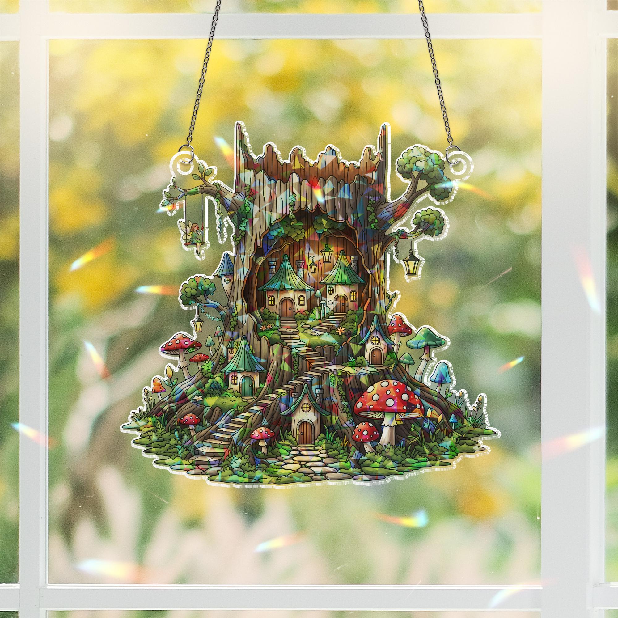 Fairy Tree Stump Holographic Window Hanging | Fantasy Forest Faux Stained Glass Decor | Magical Cottagecore Suncatcher Gift
