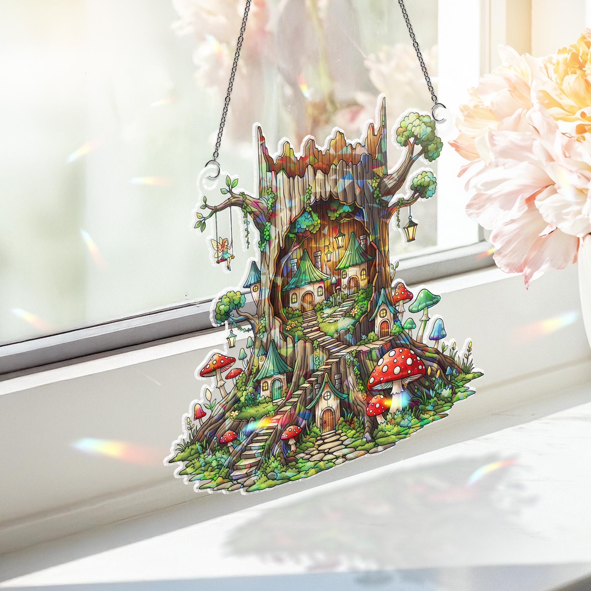 Fairy Tree Stump Holographic Window Hanging | Fantasy Forest Faux Stained Glass Decor | Magical Cottagecore Suncatcher Gift