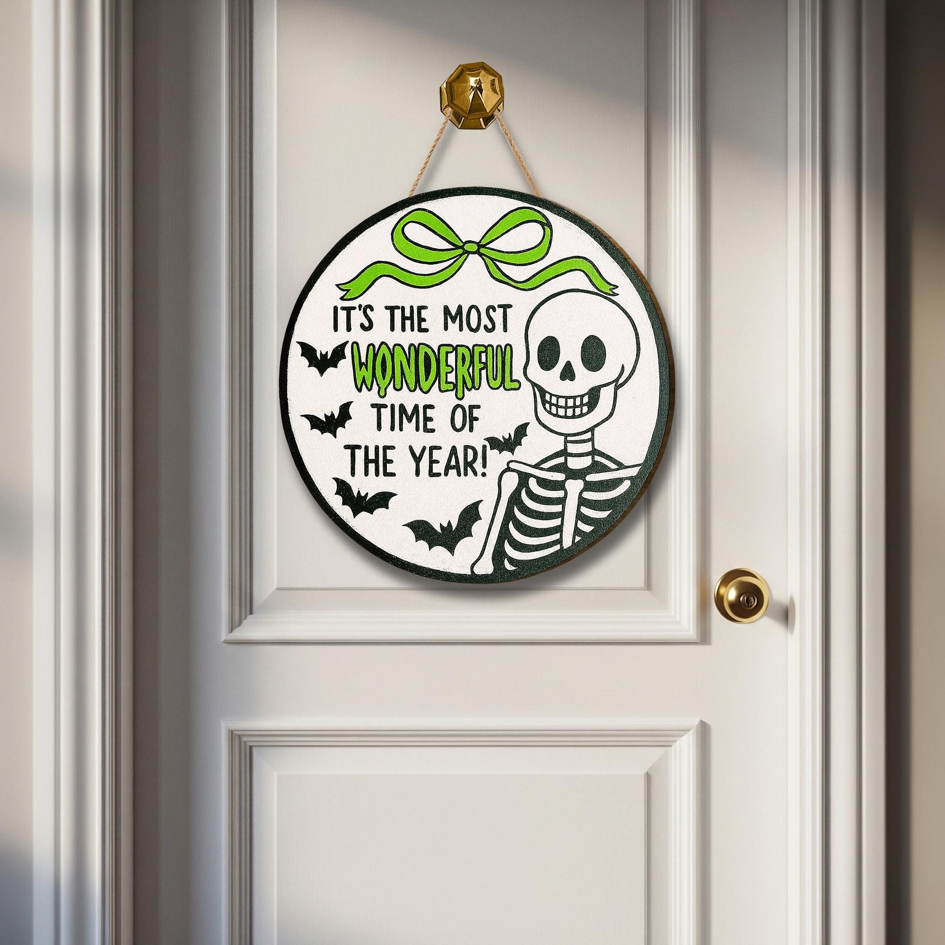 Funny Halloween Skeleton Sign, Most Wonderful Time of the Year Decor, Spooky Wooden Door Hanger, Bat Skeleton Wall Art