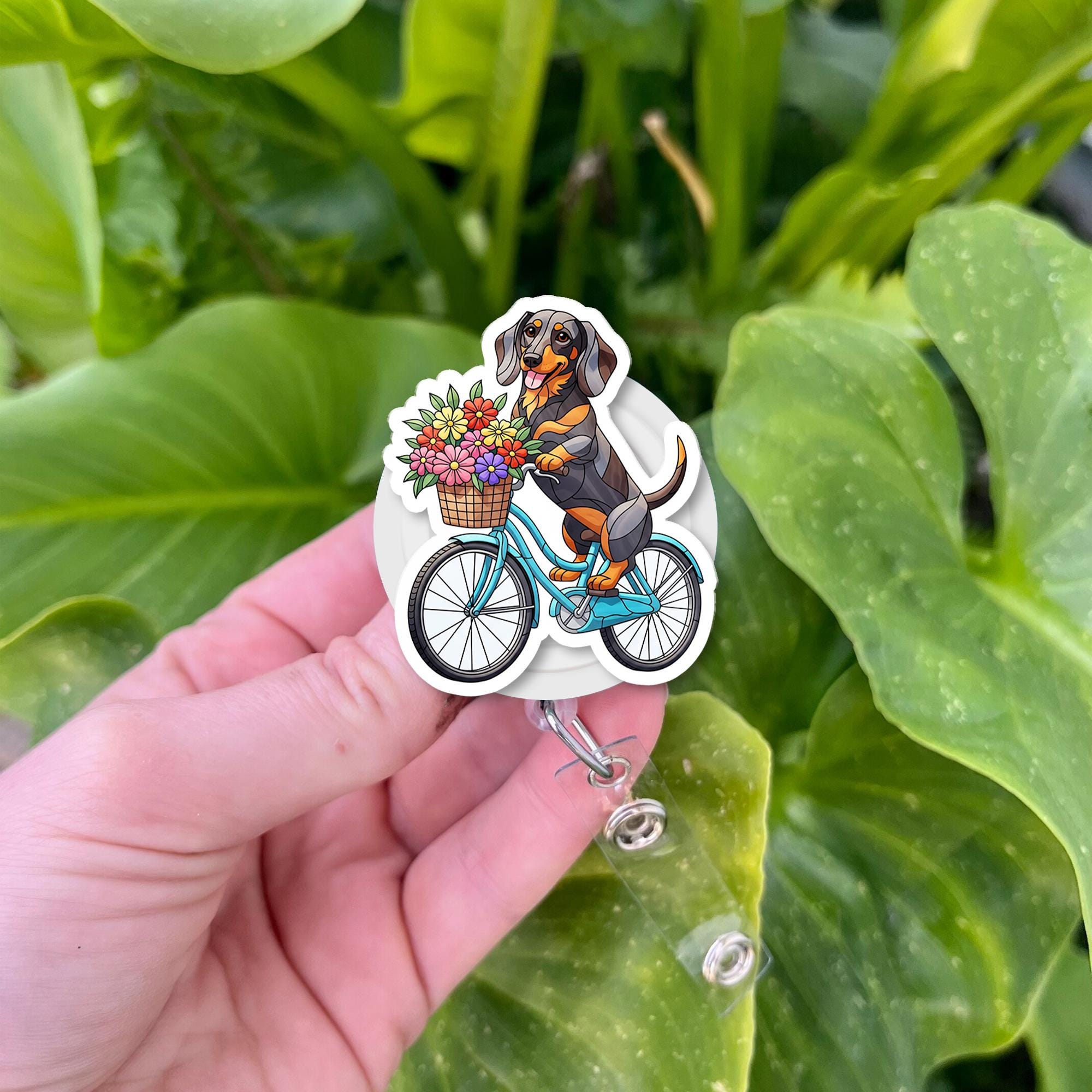 Dachshund Dog Badge Reel | Cute Sausage Dog on Bike ID Holder | Floral Retractable Name Tag Clip | Nurse, Vet Tech, Teacher Gift