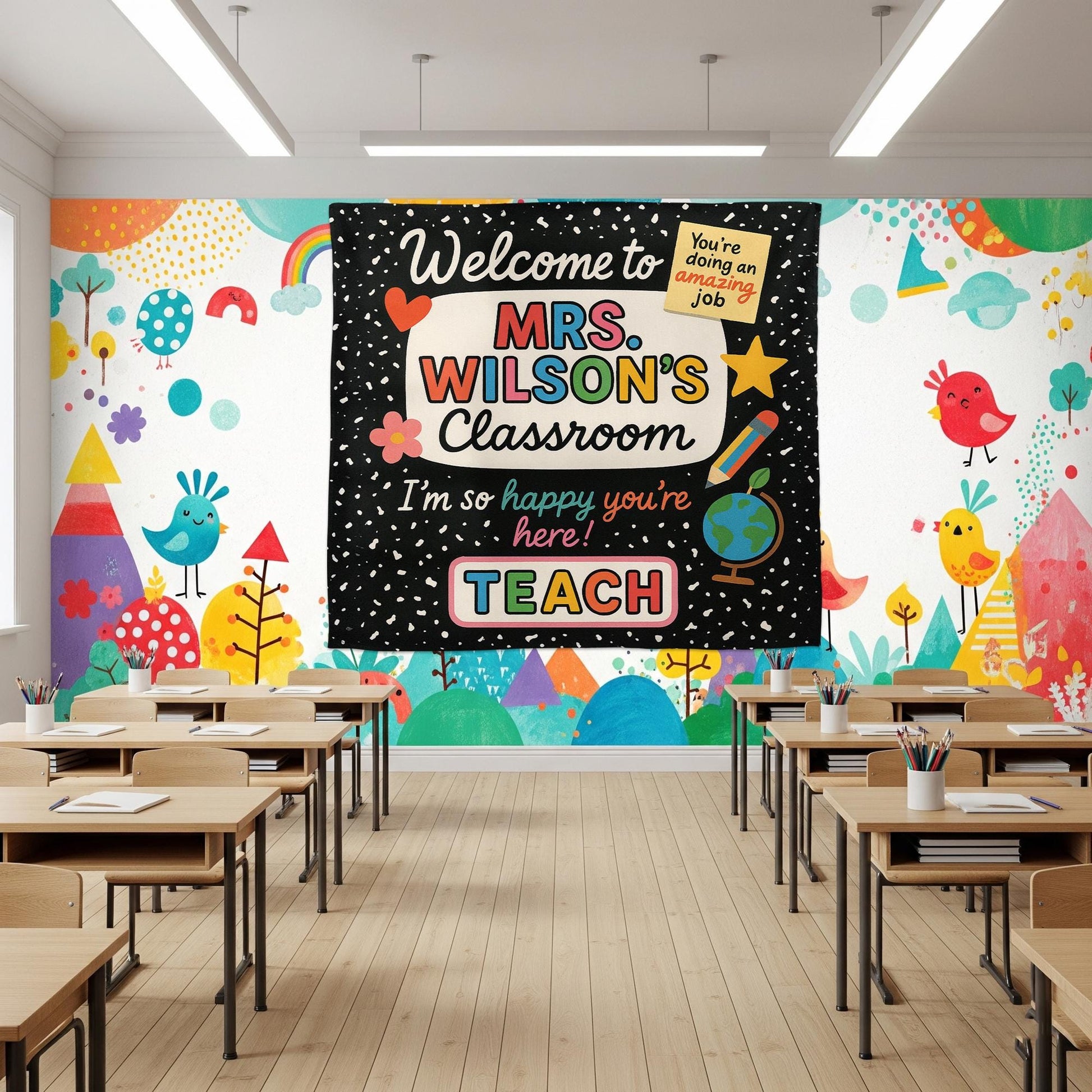 Welcome to Classroom Tapestry, Colorful Teacher Wall Sign, Back to School Decor, Happy Classroom Banner Poster, Classroom Decor