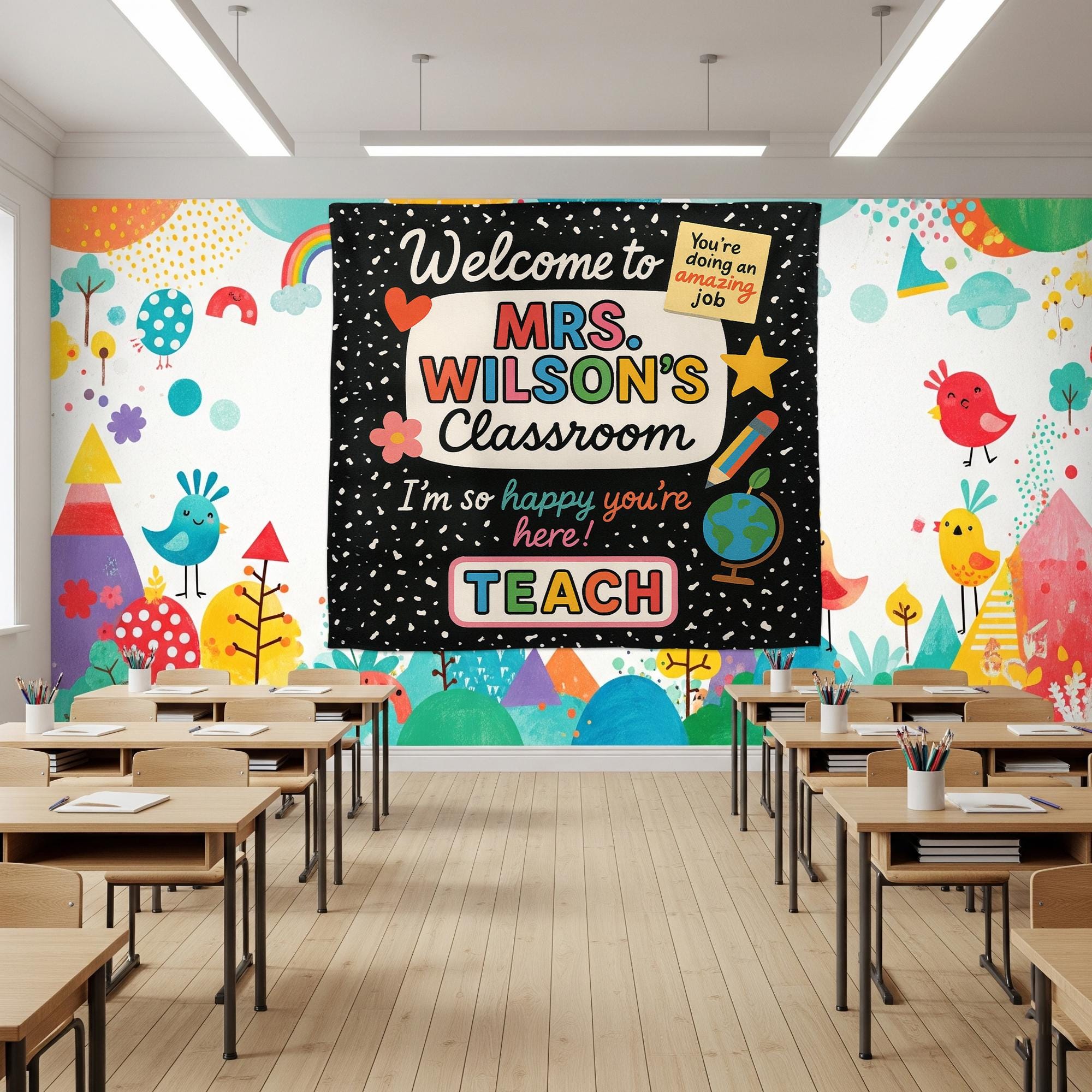 Welcome to Classroom Tapestry, Colorful Teacher Wall Sign, Back to School Decor, Happy Classroom Banner Poster, Classroom Decor