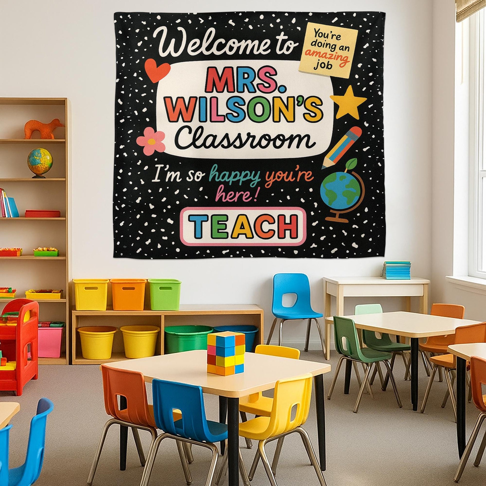 Welcome to Classroom Tapestry, Colorful Teacher Wall Sign, Back to School Decor, Happy Classroom Banner Poster, Classroom Decor