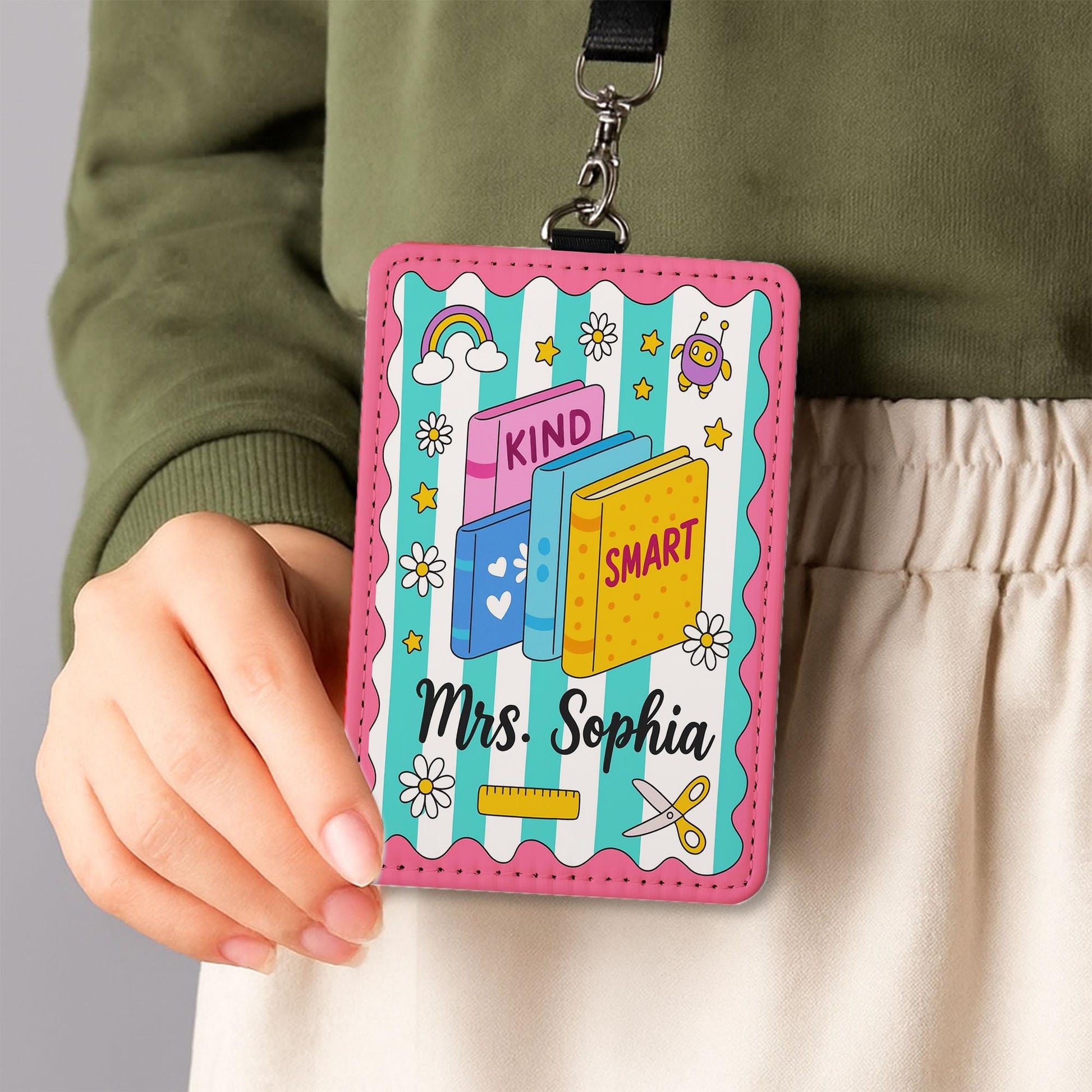 Personalized Teacher ID Badge Holder – Cute Book Theme Lanyard Card Holder, Back to School Classroom Accessory for Teachers, Educators