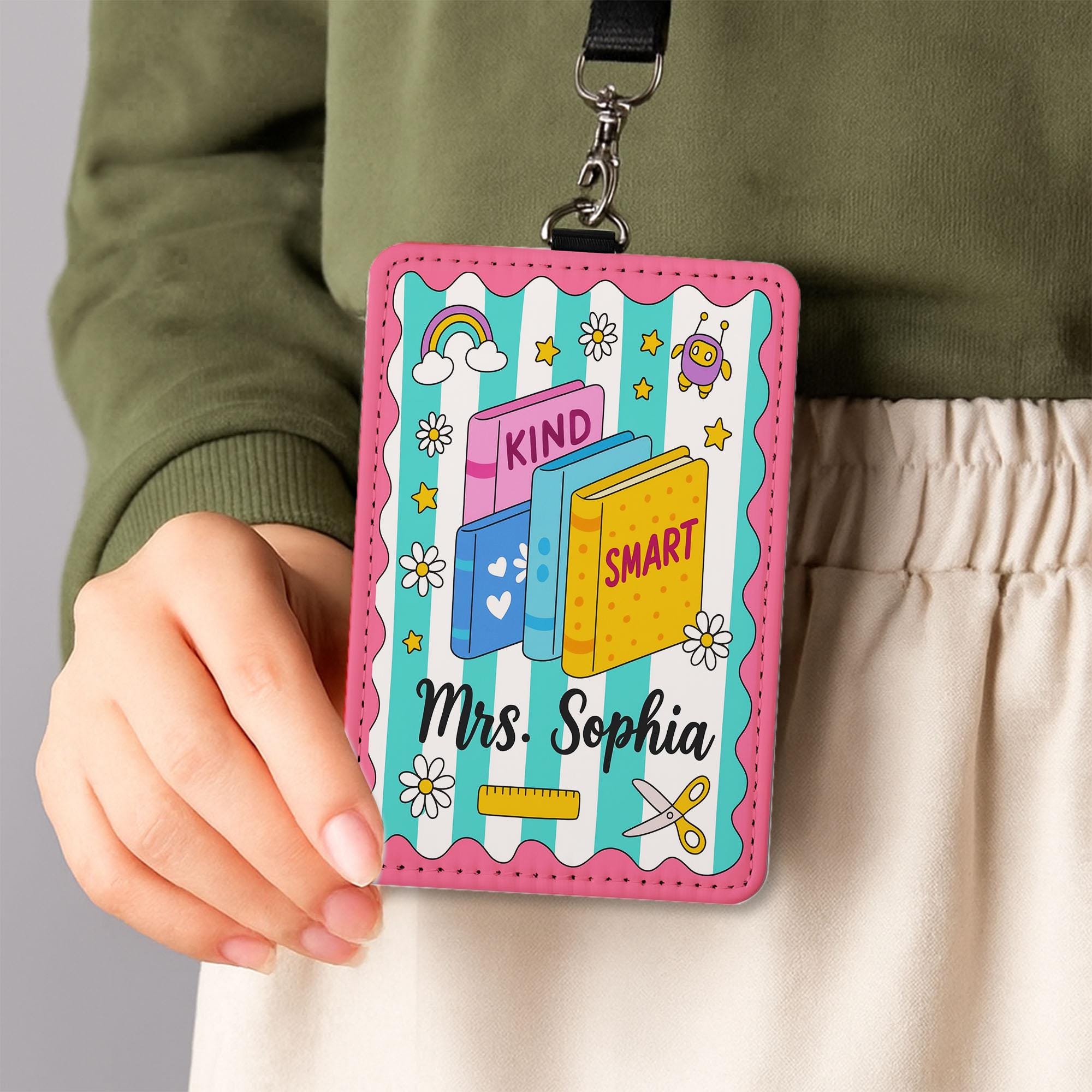 Personalized Teacher ID Badge Holder – Cute Book Theme Lanyard Card Holder, Back to School Classroom Accessory for Teachers, Educators