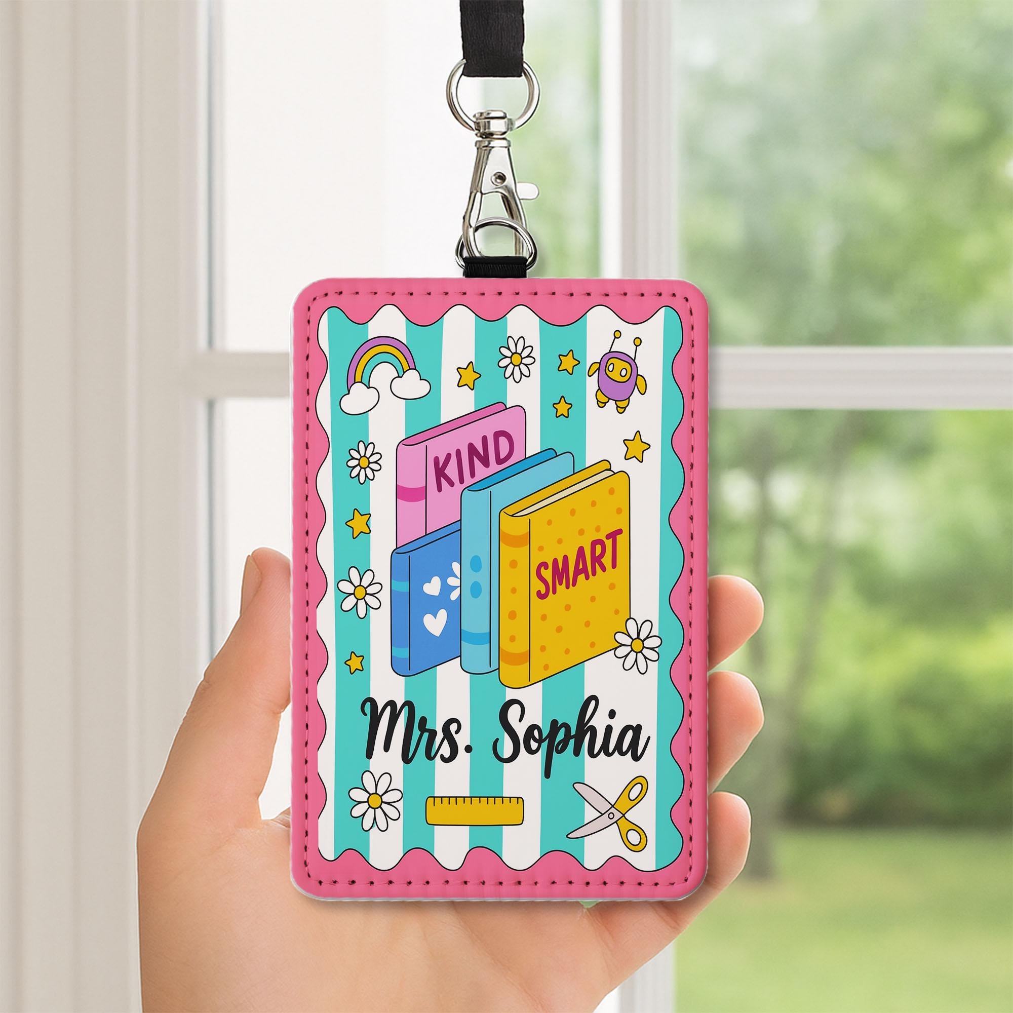 Personalized Teacher ID Badge Holder – Cute Book Theme Lanyard Card Holder, Back to School Classroom Accessory for Teachers, Educators