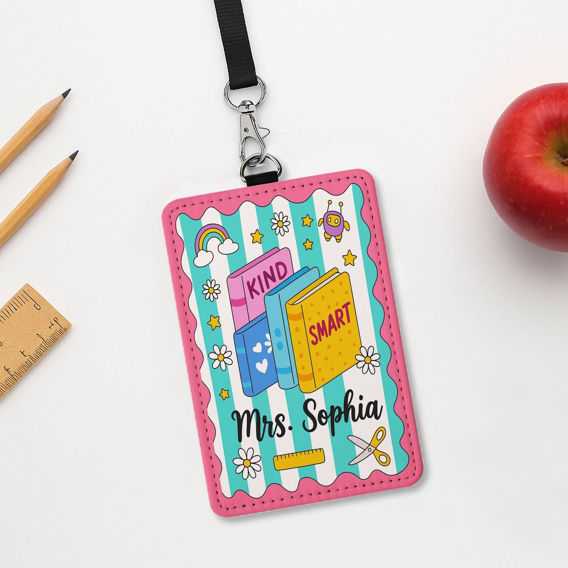 Personalized Teacher ID Badge Holder – Cute Book Theme Lanyard Card Holder, Back to School Classroom Accessory for Teachers, Educators