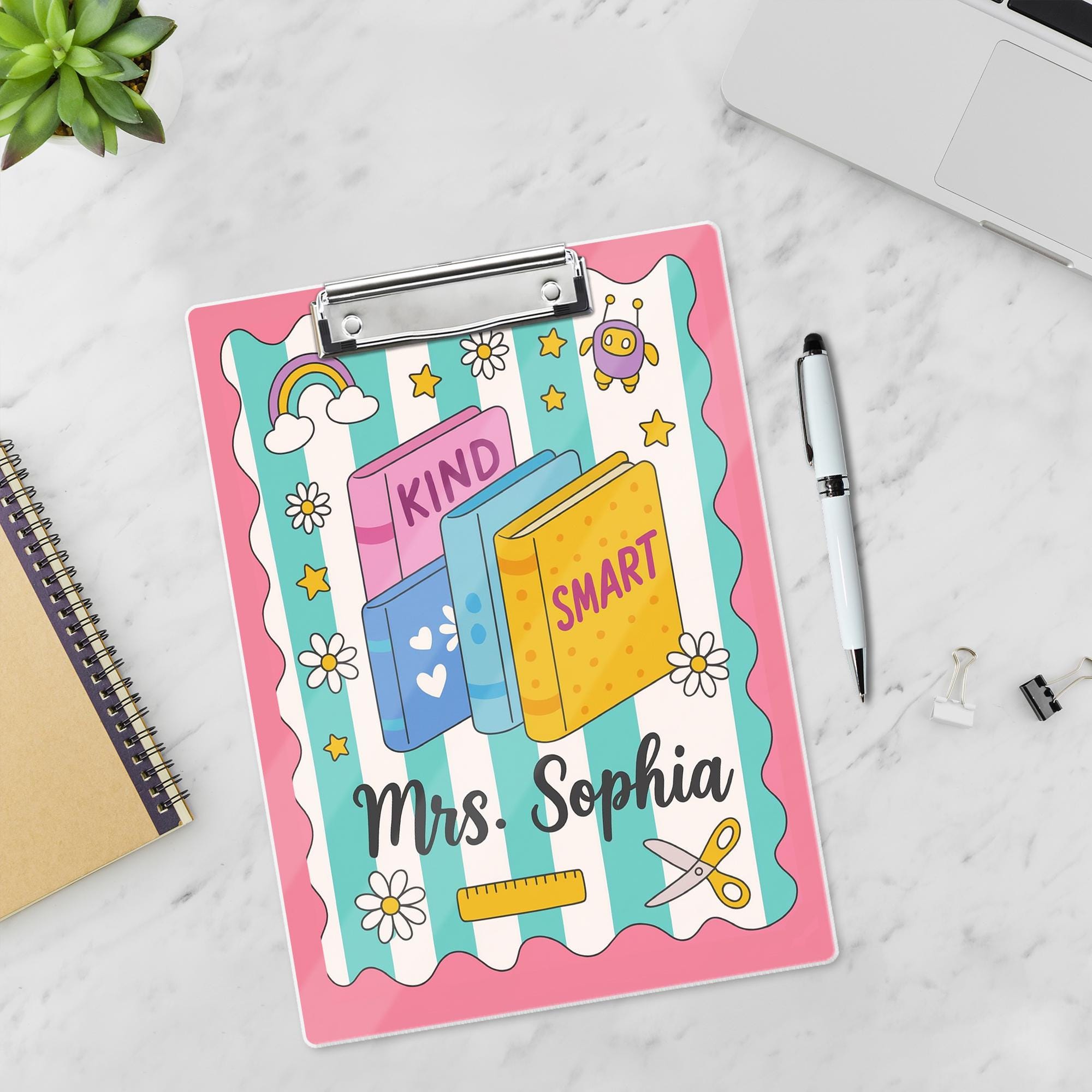 Personalized Teacher Clipboard – Cute Kind Smart Book Design, Custom Classroom Gift for Teachers, Back to School Office Supply, Educators